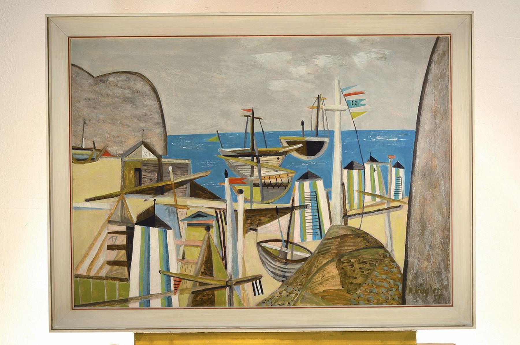 Detail k: Rudolf Kügler, 1921-2013 Berlin, "Seebild", so rückseitig betitelt, Blick auf einen Hafen, Öl/Lwd, rechts unten signiert und dat. 55, ...