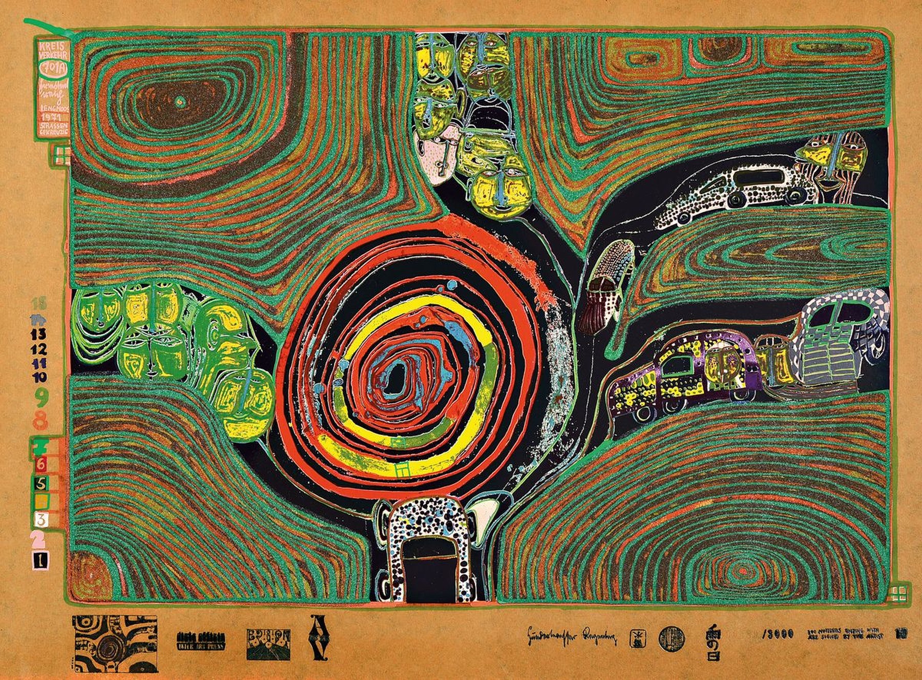 Friedensreich Hundertwasser, 1928-2000, Kreisverkehr, Farbserigraphie aus der Regentag Mappe von 1971, num. 00489/3000, ca. 47x66cm