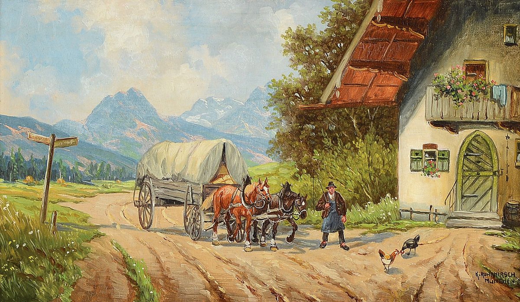 Karl Rohrhirsch, 1875 München-1954 Greding, Bauer mit seinem Pferdewagen vor dem Haus in Gebirgslandschaft, Öl/Holz, rechts unten signiert, ca. ...