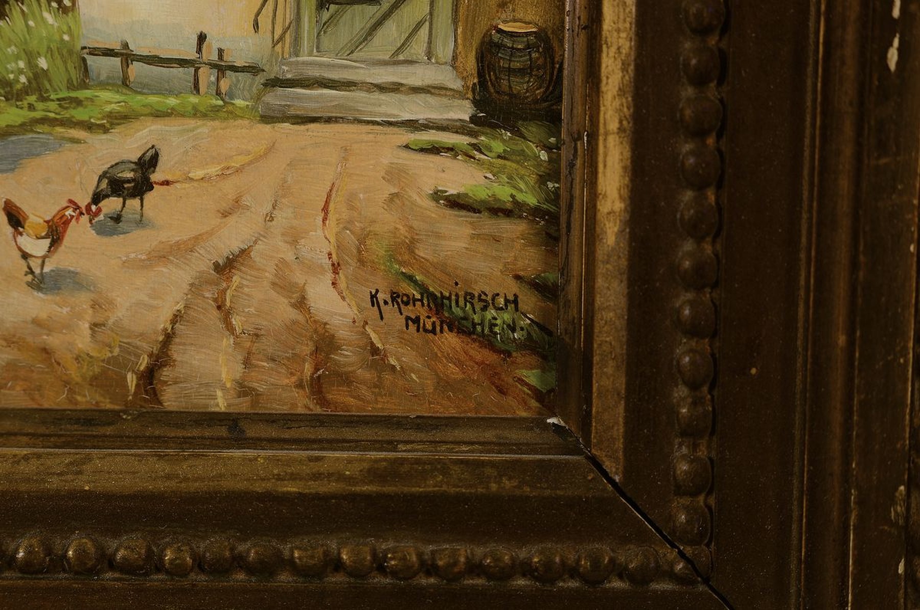 Detail a: Karl Rohrhirsch, 1875 München-1954 Greding, Bauer mit seinem Pferdewagen vor dem Haus in Gebirgslandschaft, Öl/Holz, rechts unten signiert, ca. ...
