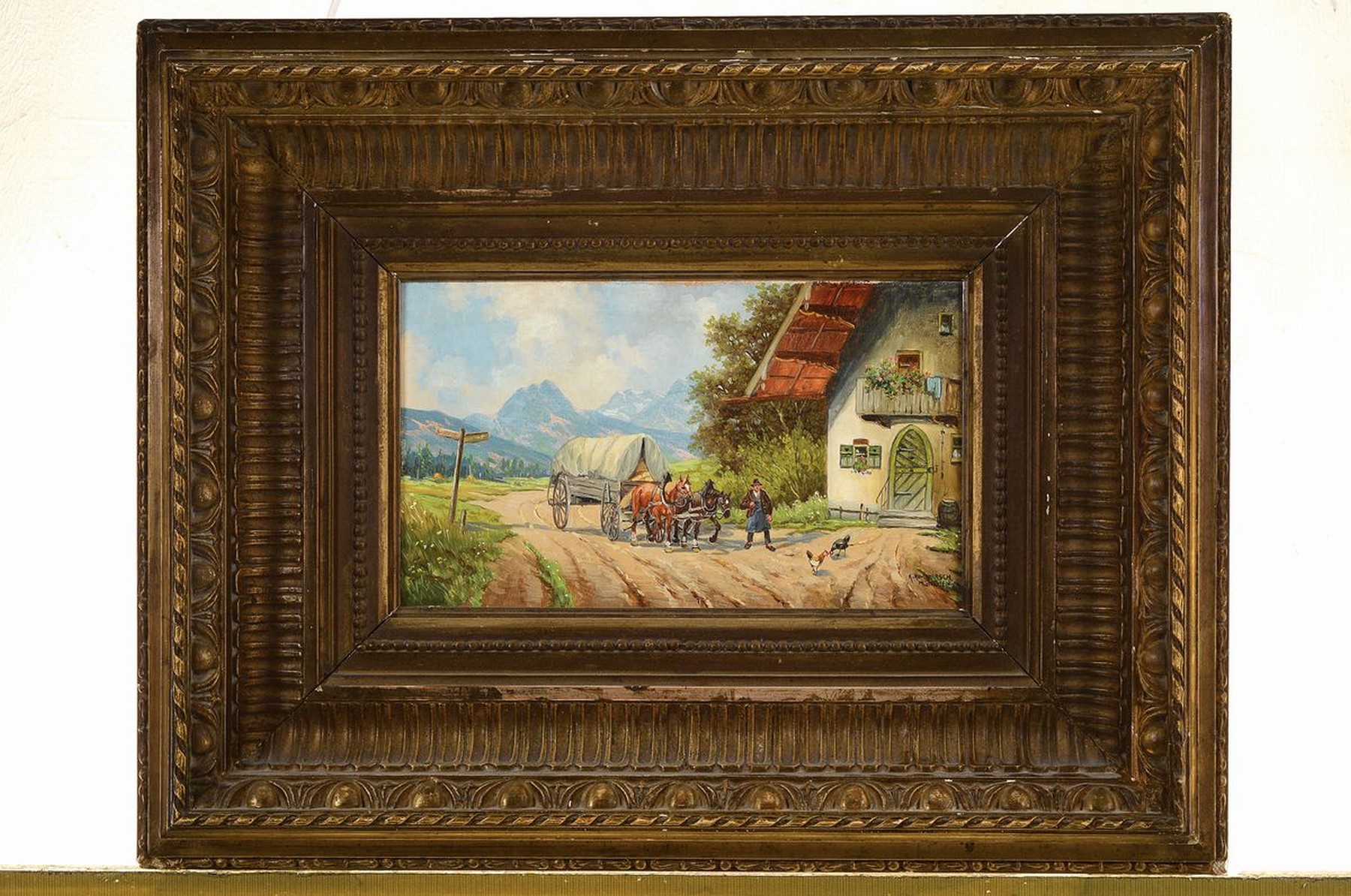 Detail k: Karl Rohrhirsch, 1875 München-1954 Greding, Bauer mit seinem Pferdewagen vor dem Haus in Gebirgslandschaft, Öl/Holz, rechts unten signiert, ca. ...