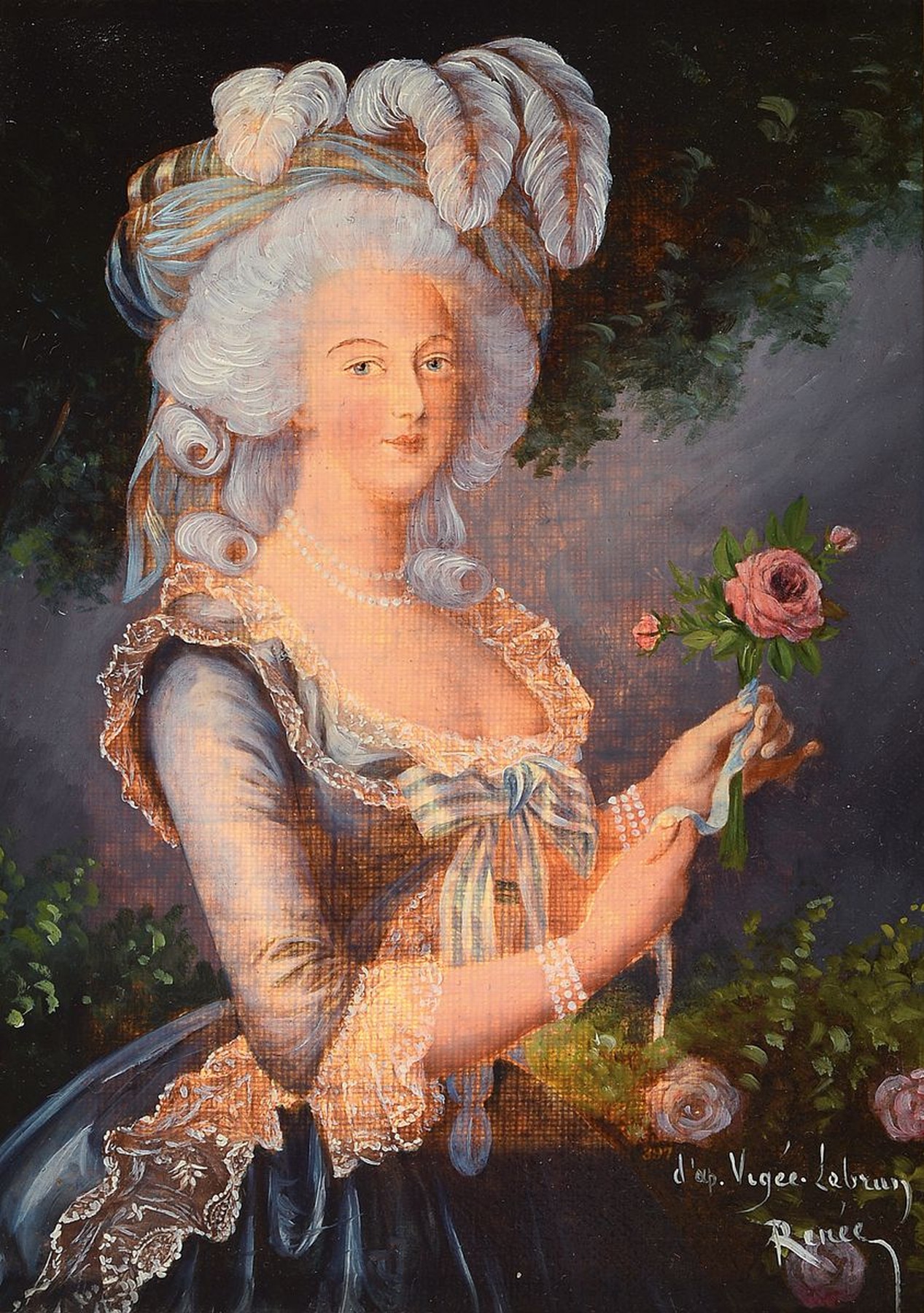 Unbekannter Künstler des 20. Jh., Kopie nach Elisabeth Vigée-Lebrun, Porträt einer Frau mit Rose, Öl/Lwd, rechts unten bezeichnet, ca. 19x14cmm, ...