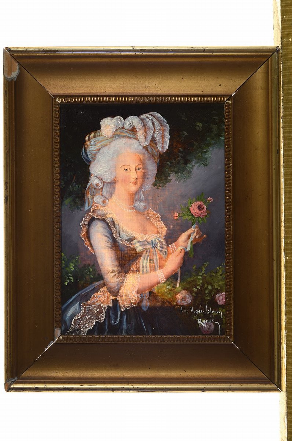 Detail k: Unbekannter Künstler des 20. Jh., Kopie nach Elisabeth Vigée-Lebrun, Porträt einer Frau mit Rose, Öl/Lwd, rechts unten bezeichnet, ca. 19x14cmm, ...