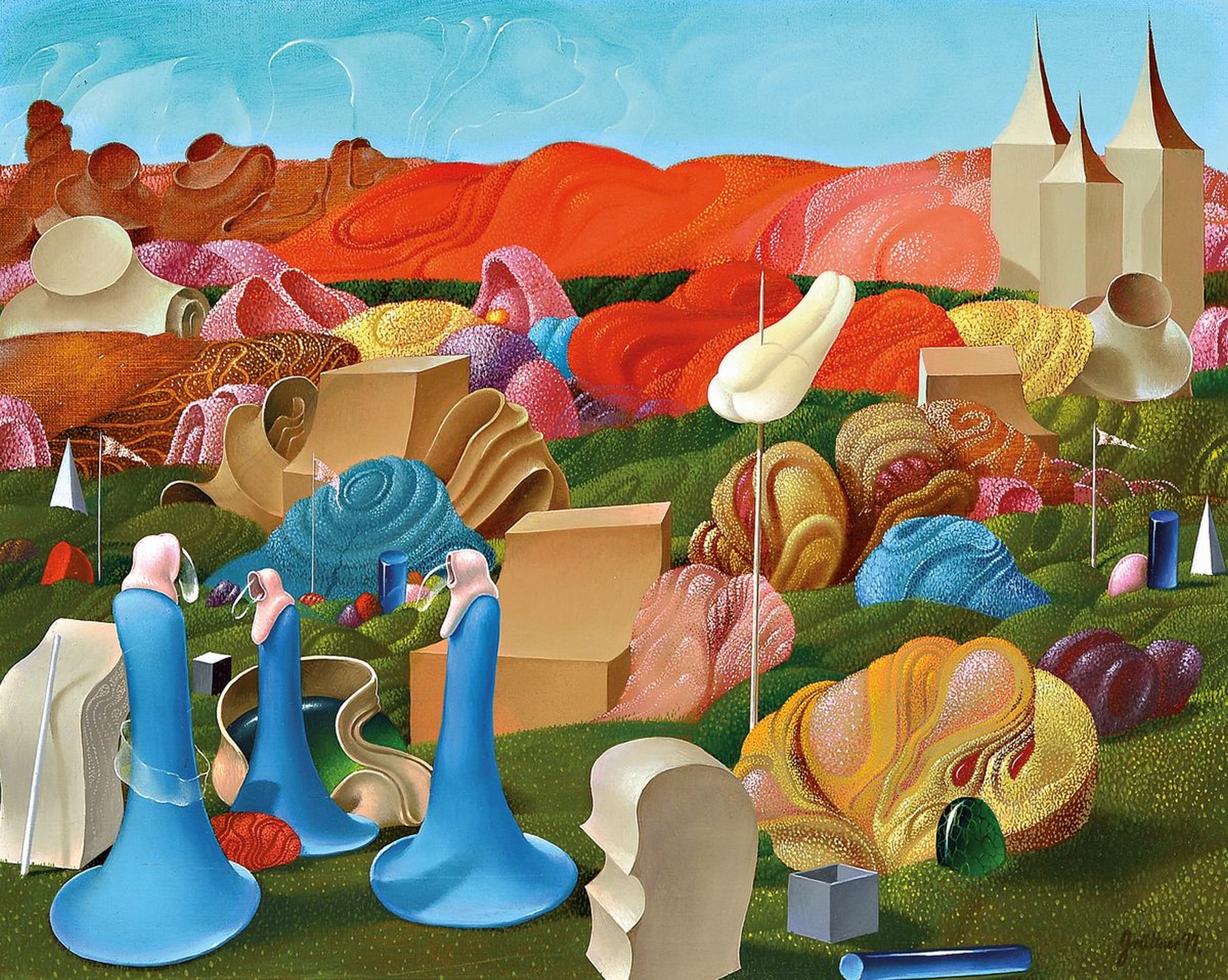 Frank Arno Grüttner, 1940 Berlin- 2019 Frankfurt am Main, Surrealistische Landschaft mit Figuren, Öl/Lwd, rechts unten signiert und dat. 77, ca. ...