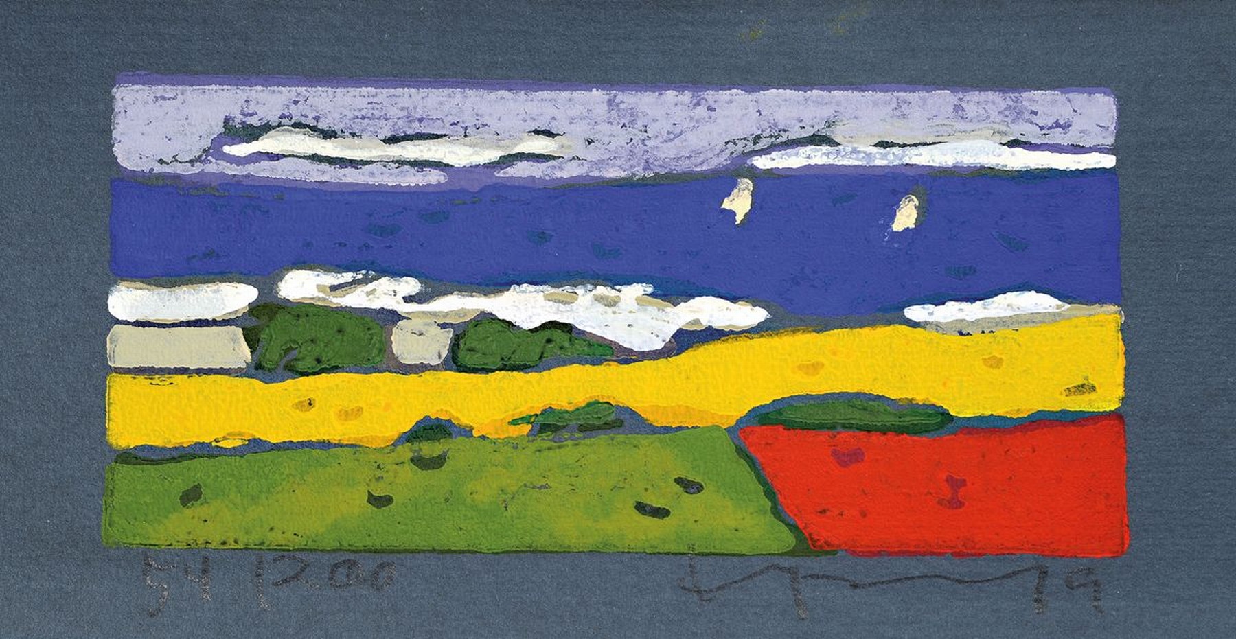 Klaus Fussmann, geb. 1938 Velbert, Farblinolschnitt, "Raps, Ostsee mit Segelbooten, sign., num. 54/200, ca. 11,5x 21,5 cm