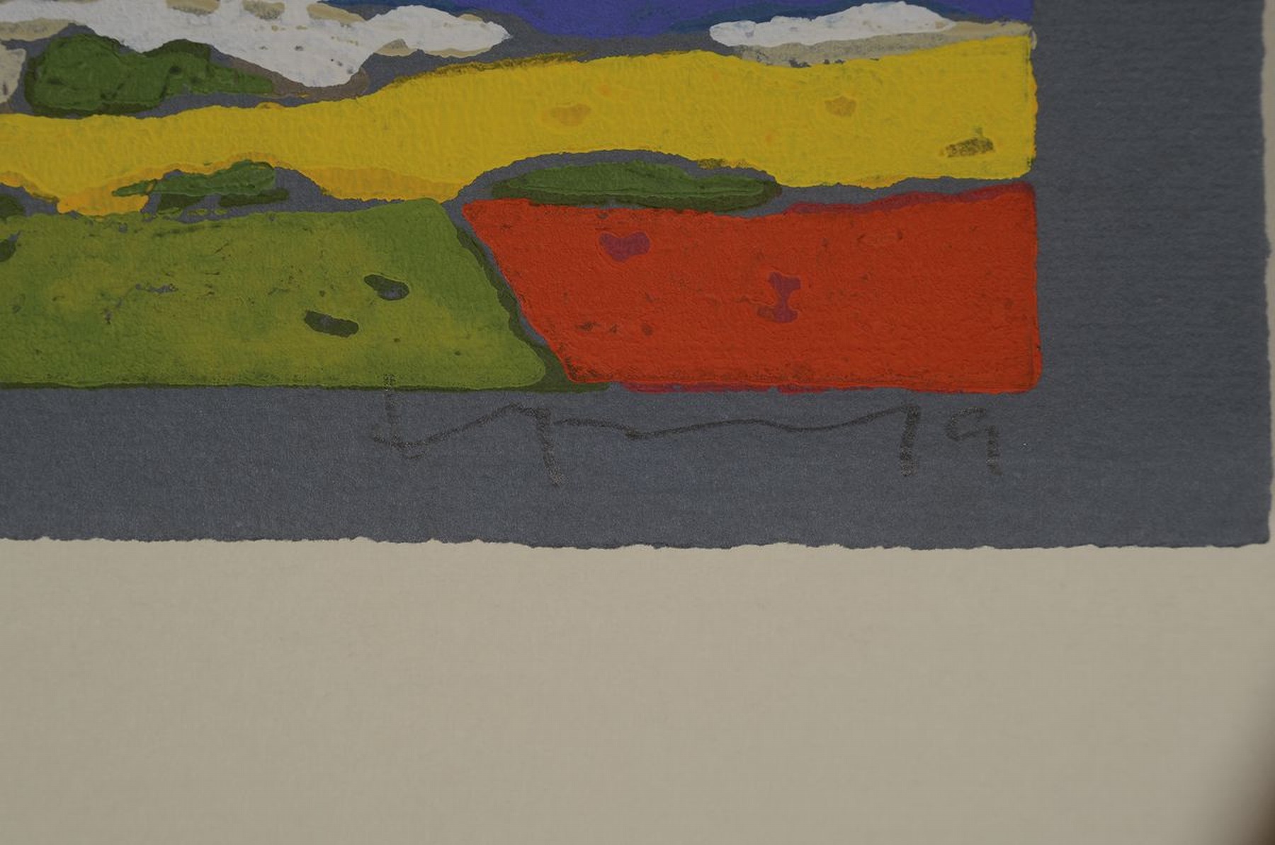 Detail a: Klaus Fussmann, geb. 1938 Velbert, Farblinolschnitt, "Raps, Ostsee mit Segelbooten, sign., num. 54/200, ca. 11,5x 21,5 cm