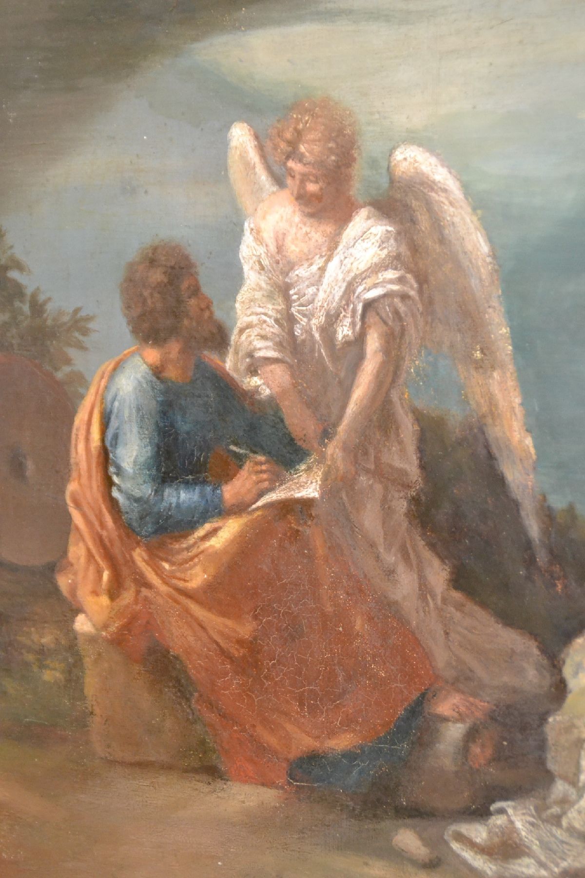 Detail b: Unbekannter Künstler, Frankreich, 2. Hälfte 19. Jh., altetestamentarische Szene: Tobias mit dem Erzengel Gabriel in Landschaft mit Flusstal und ...