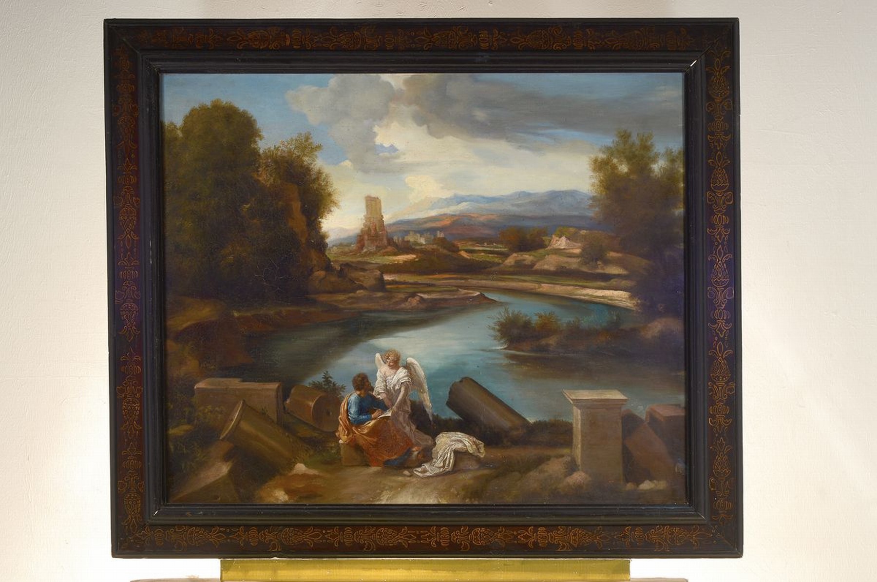Detail k: Unbekannter Künstler, Frankreich, 2. Hälfte 19. Jh., altetestamentarische Szene: Tobias mit dem Erzengel Gabriel in Landschaft mit Flusstal und ...