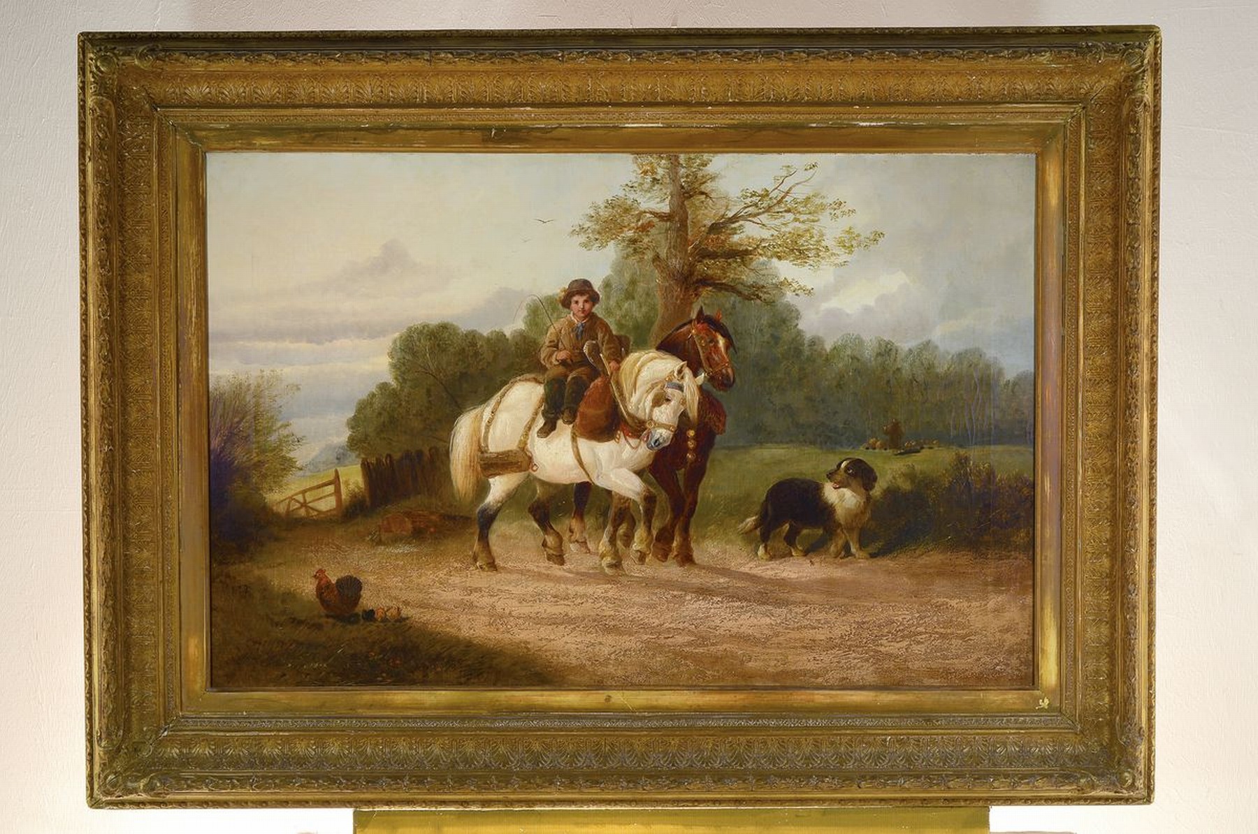 Detail k: Unbekannter Künstler, 2. Hälfte 19. Jh., Junge mit zwei Pferden und einem Hund auf dem Weg, im Vordergrund Henne und Küken, im Hintergrund ein ...