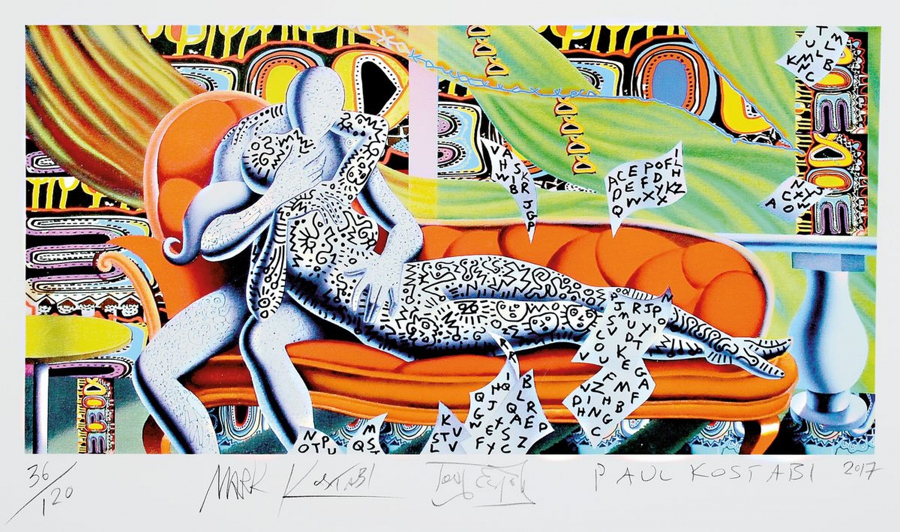 Mark Kostabi, Paul Kostabi, Tony Esposito, Originalpigment-Grafik, Titel:"As time goes by" sign. von allen 3 Künstlern, num. 36/120, ca. ...