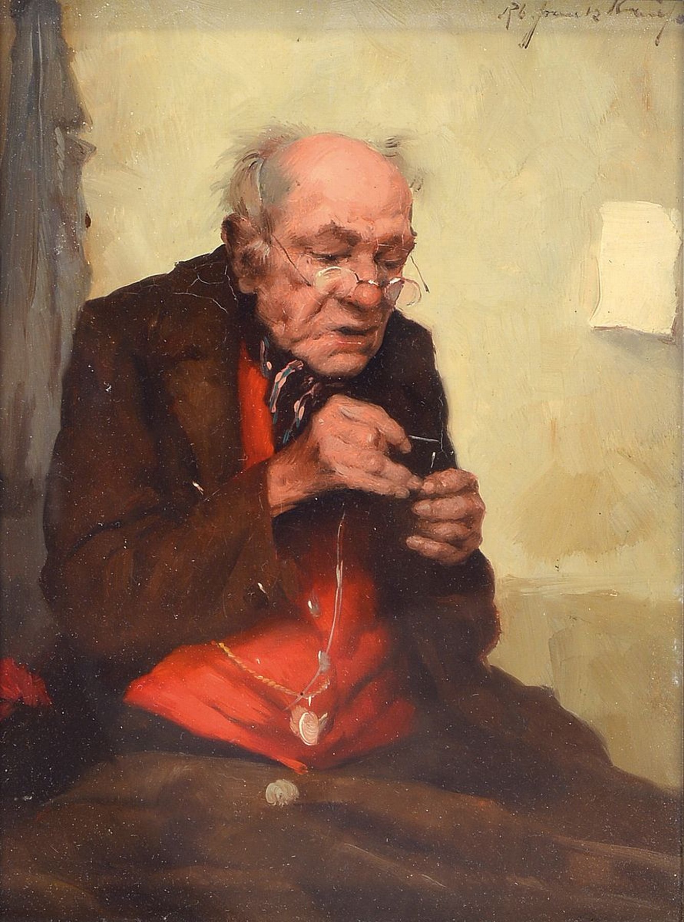 Robert Franz Krauss, 1872-1967 München, Porträt eines Schneiders beim Einfädeln, Öl/Holz, rechts oben signiert, ca. 21x16cm, R. ca. 38x33cm