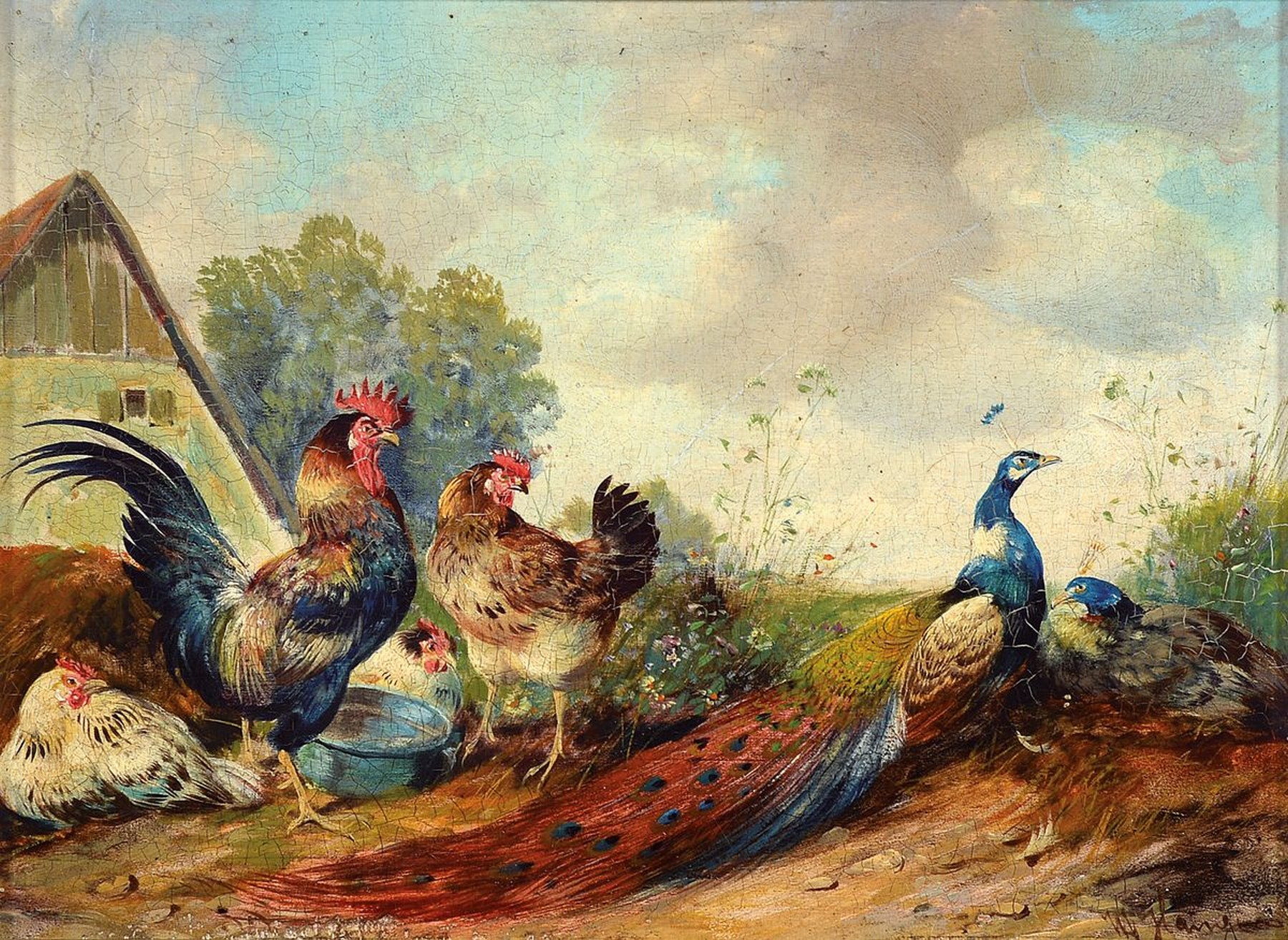 Max Hänger, 1874-1955 München, Federvieh mit Pfau, Öl/Holz, rechts unten signiert, ca. 17.5x24cm, R. ca. 26.5x33cm