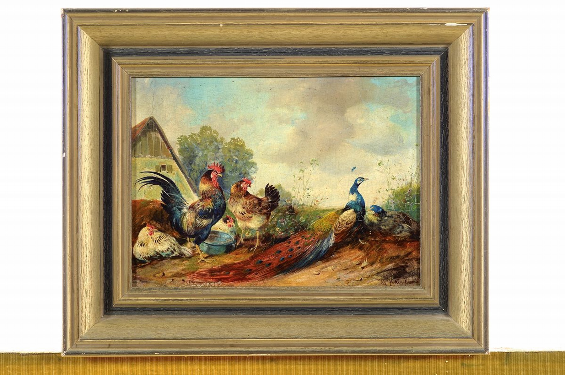 Detail k: Max Hänger, 1874-1955 München, Federvieh mit Pfau, Öl/Holz, rechts unten signiert, ca. 17.5x24cm, R. ca. 26.5x33cm