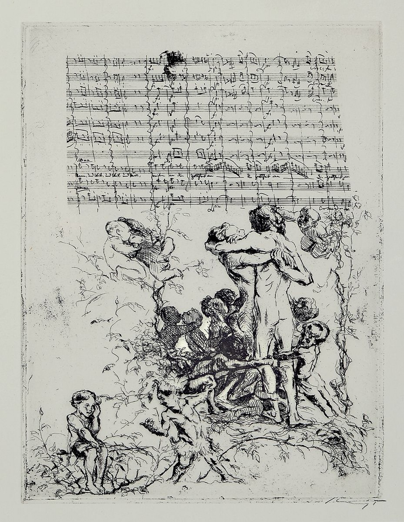 Max Slevogt, 1868-1932, Radierung zu Mozarts Zauberflöte, Mann und Weib, Weib und Mann, handsigniert, ca. 24x18cm, u.Gl., R.ca 41x31cm