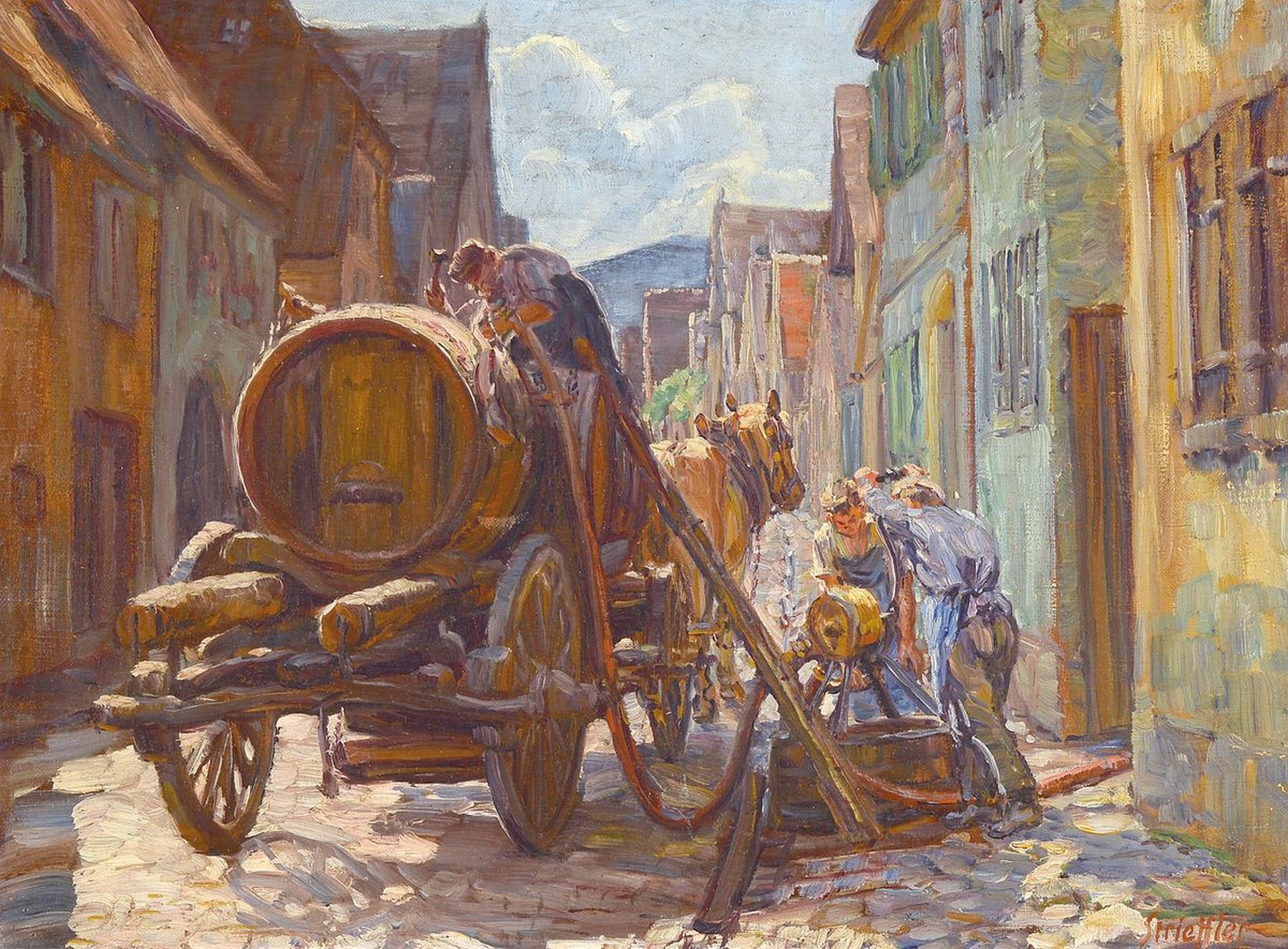 Heinrich Strieffler, 1872 Neustadt-1949 Landau, "Weinfüllen", rückseitig auf altem Etikett so betitelt, drei Männer befüllen ein Fass ...