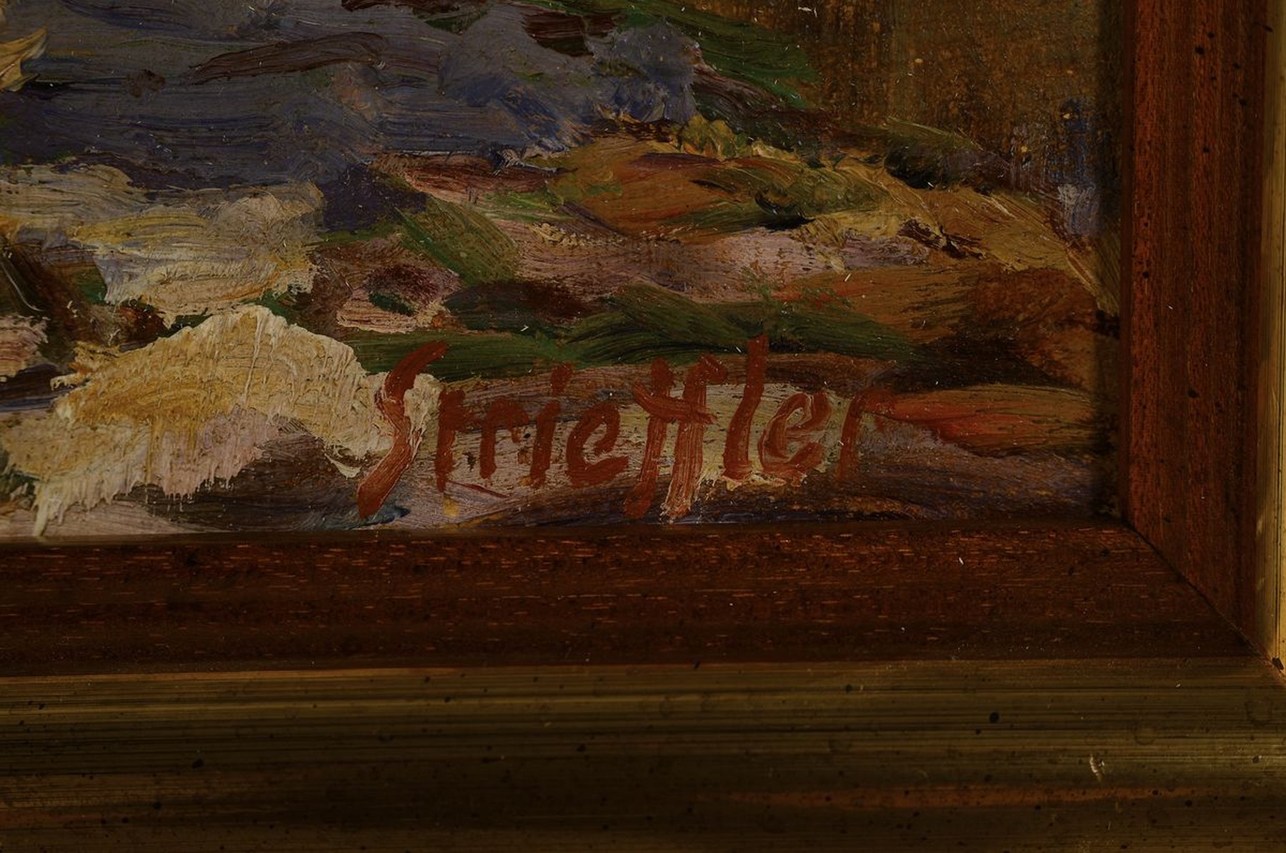 Detail a: Heinrich Strieffler, 1872 Neustadt-1949 Landau, "Weinfüllen", rückseitig auf altem Etikett so betitelt, drei Männer befüllen ein Fass ...