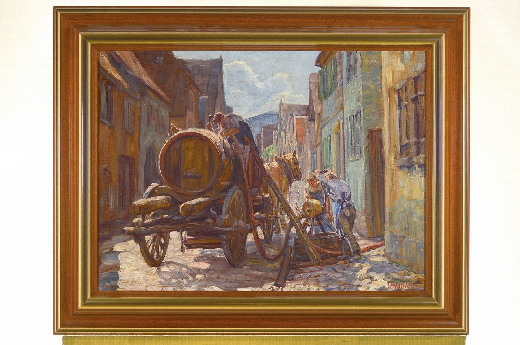 Detail k: Heinrich Strieffler, 1872 Neustadt-1949 Landau, "Weinfüllen", rückseitig auf altem Etikett so betitelt, drei Männer befüllen ein Fass ...