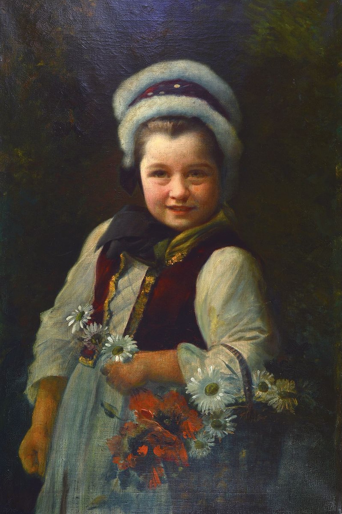 Unbekannter Künstler, deutsch, um 1900, Porträt eines Mädchens mit Pelzmütze und Blumen in der Hand, Öl/Lwd, rest., ca. 90x60 cm, R. ca. 105x76cm