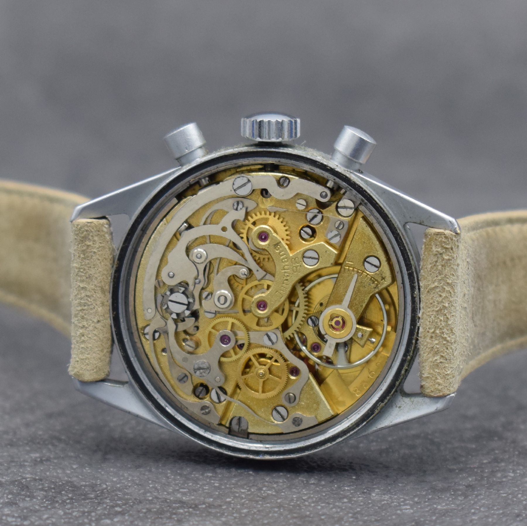 Detail f: JUNGHANS 88 Fliegerchronograph der Bundeswehr, Deutschland um 1960, Handaufzug, matt verchr. Geh., Drehlünette m. 60er tlg., Krone & Drücker orig., ...