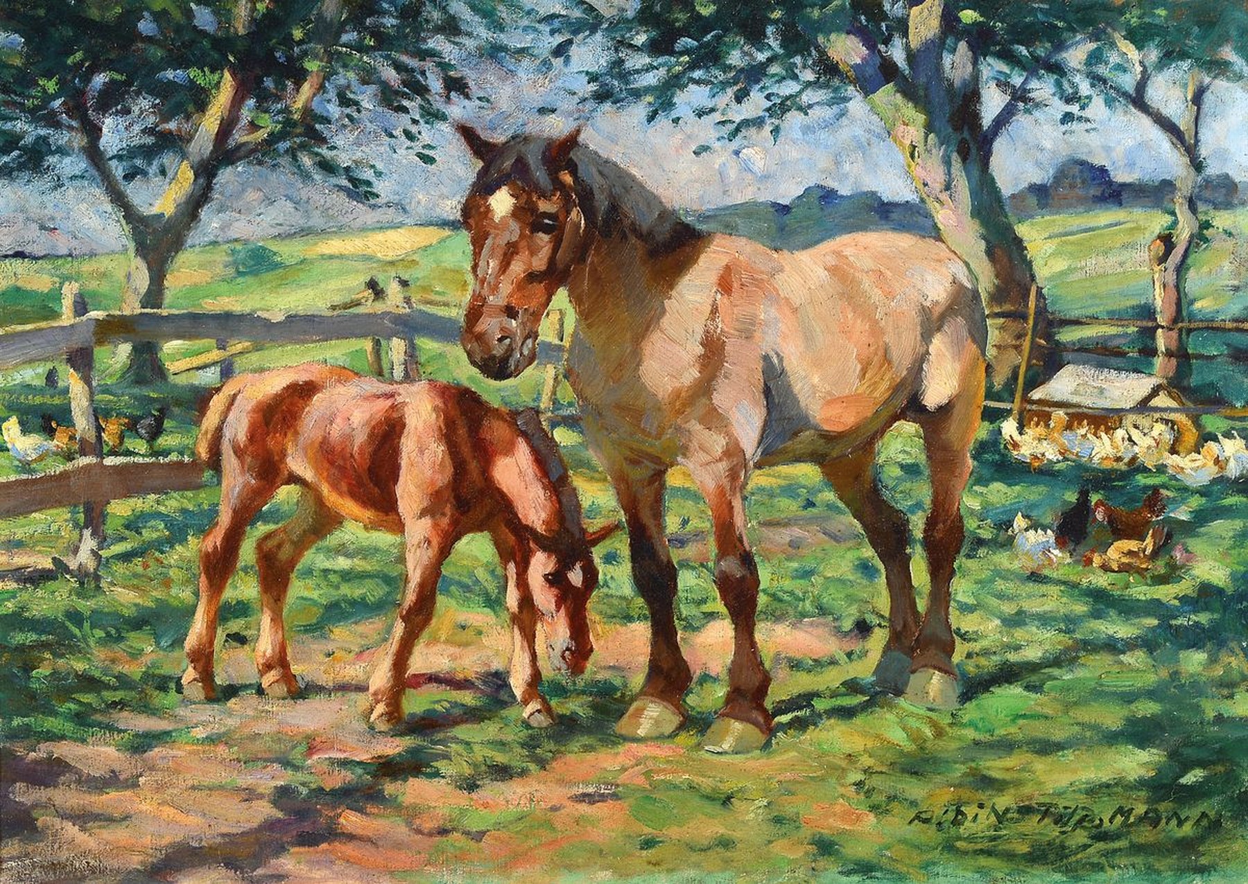 Albin Tippmann, 1871 Wurzen-1952 München, Studium an der Städt. Kunstschule und an der Akademie München, hier: Stute mit Fohlen, im Hintergrund ...