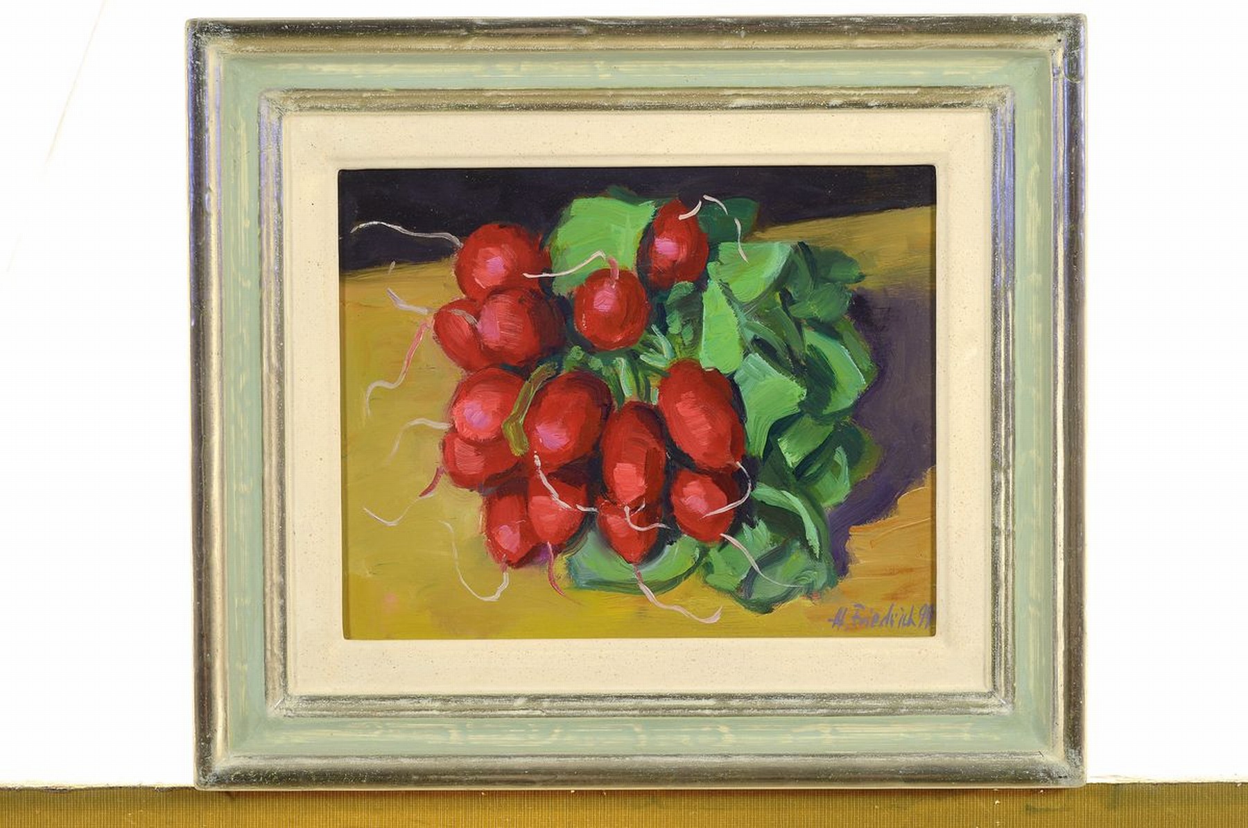 Detail k: Heinz Friedrich, 1924-2018 Schwetzingen, Stillleben mit Radieschen, Öl/Malkarton, rechts unten signiert und dat. 99, ca. 20x25cm, R. ca. 30x35cm