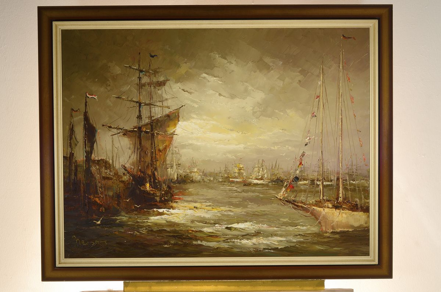 Detail k: Petrus Antonius Hermanus Brouwer, alias Bevort, geb. 1935 Utrecht, Studium an der Akademie Amsterdam, hier: Hafen mit Segelschiffen, Öl/Lwd, links ...