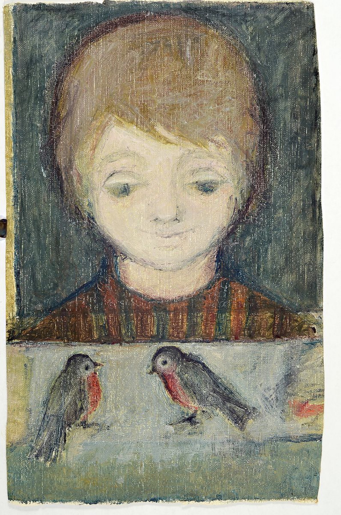 Detail k: Christel Abresch, 1931 Sulzbach-2011 Neustadt/Weinstr., Kind beobachtet zwei Vögel auf dem Fensterbrett, Öl/Lwd, ohne Keilrahmen, rechts unten ...