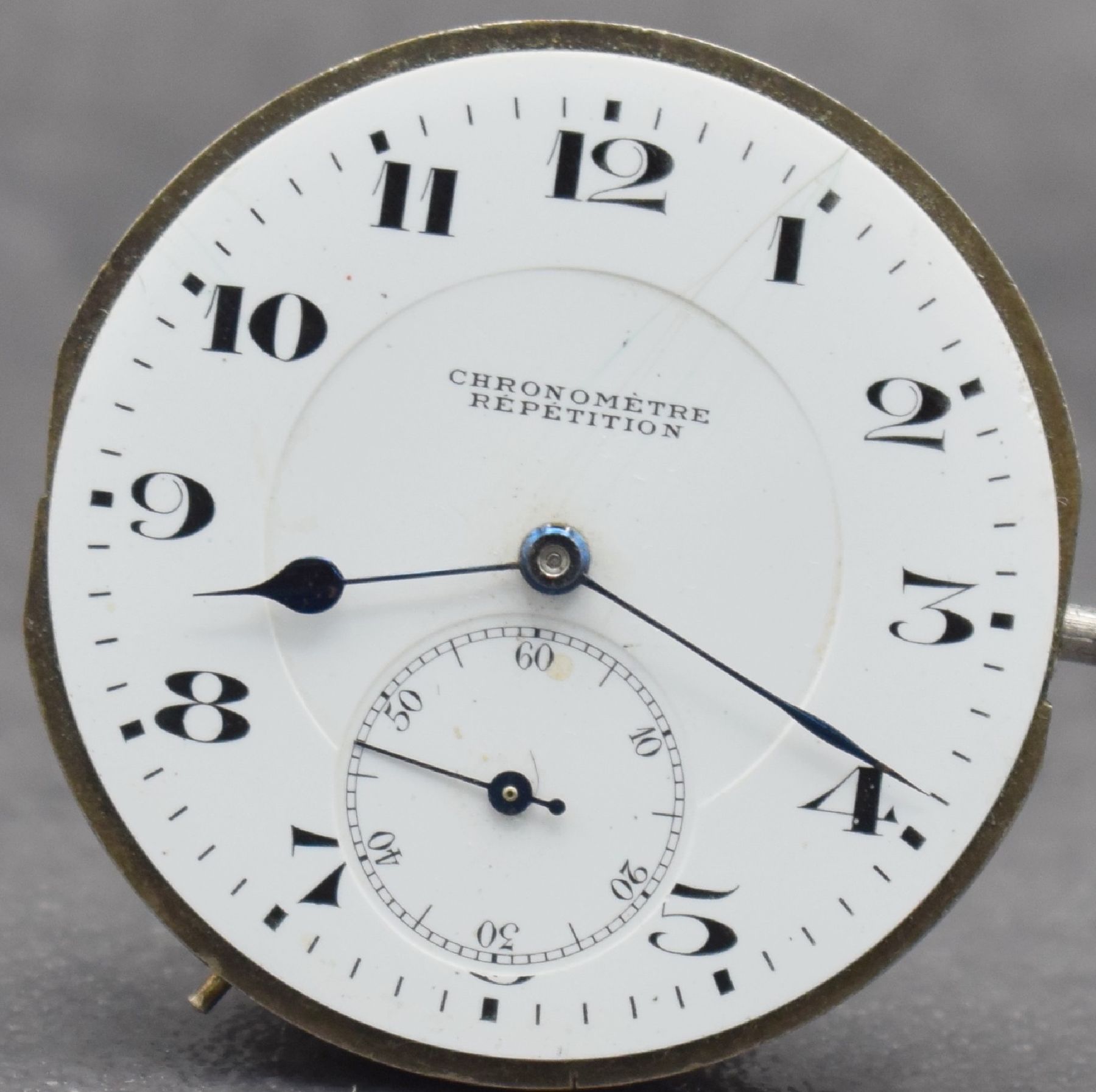 Detail a: Savonette Taschenuhrwerk mit 1/4 Stunden- Repetition bezeichnet CHRONOMETRE REPETITION, Schweiz um 1900, Emailzifferbl. m. arab. Std. riss., gebl. ...
