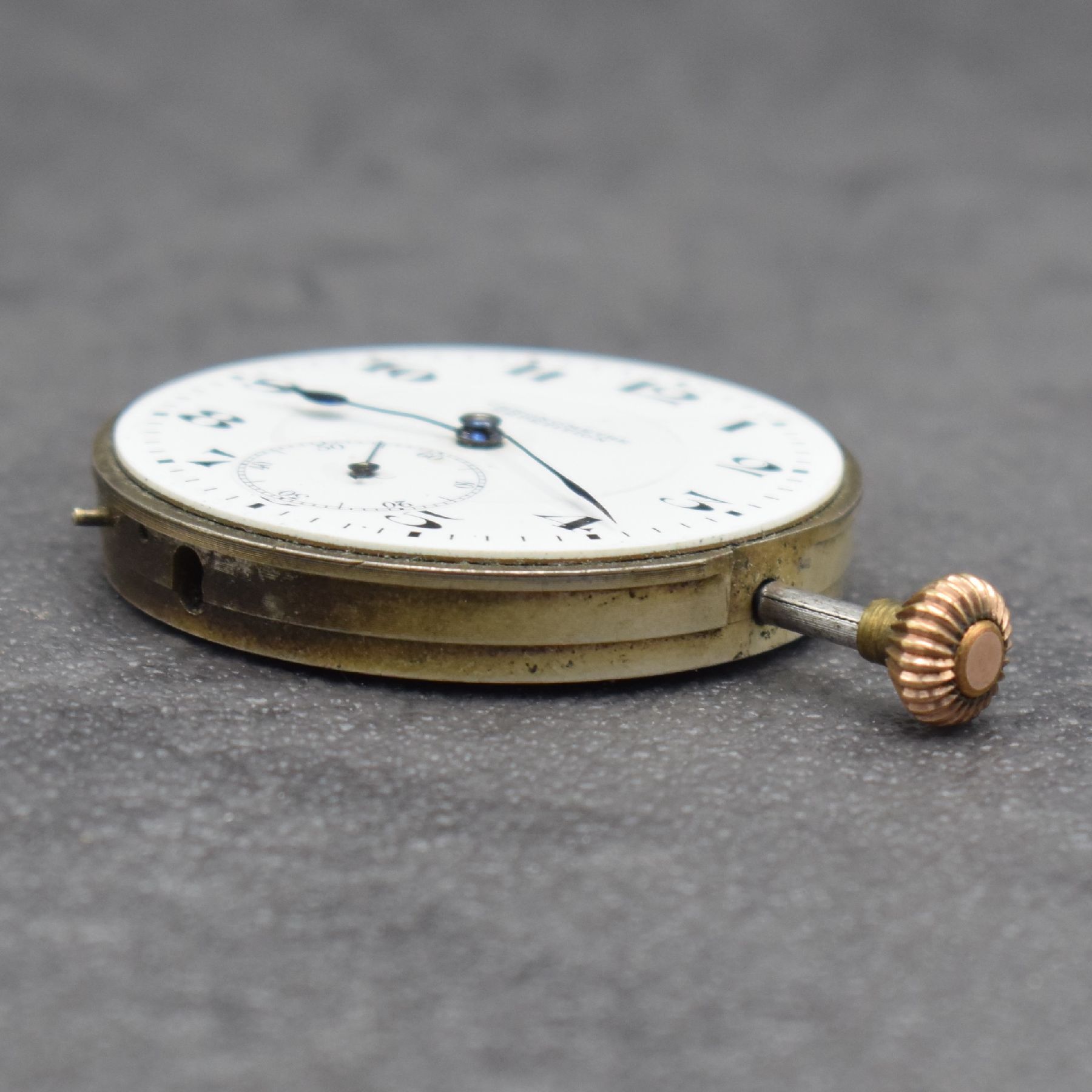 Detail d: Savonette Taschenuhrwerk mit 1/4 Stunden- Repetition bezeichnet CHRONOMETRE REPETITION, Schweiz um 1900, Emailzifferbl. m. arab. Std. riss., gebl. ...