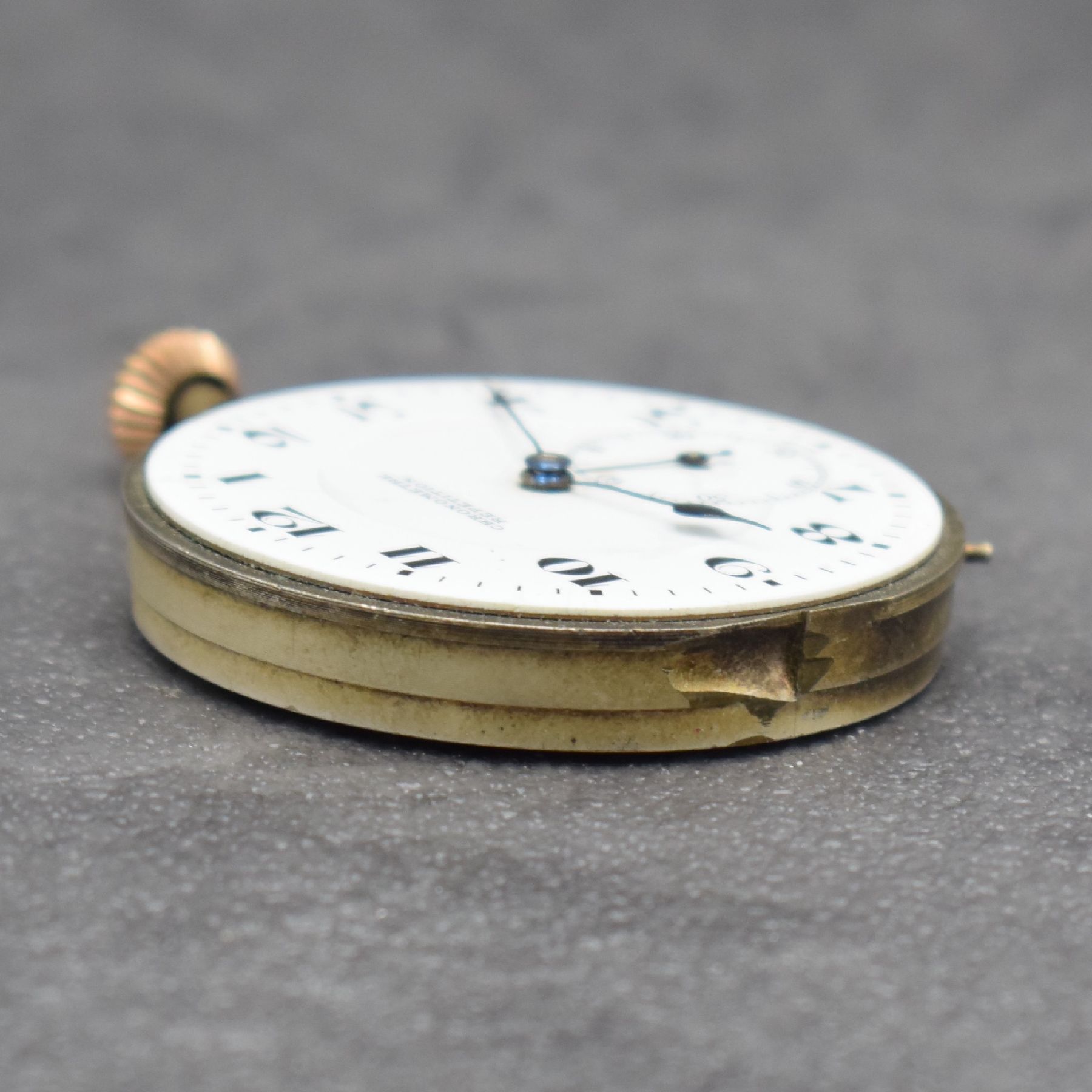Detail e: Savonette Taschenuhrwerk mit 1/4 Stunden- Repetition bezeichnet CHRONOMETRE REPETITION, Schweiz um 1900, Emailzifferbl. m. arab. Std. riss., gebl. ...
