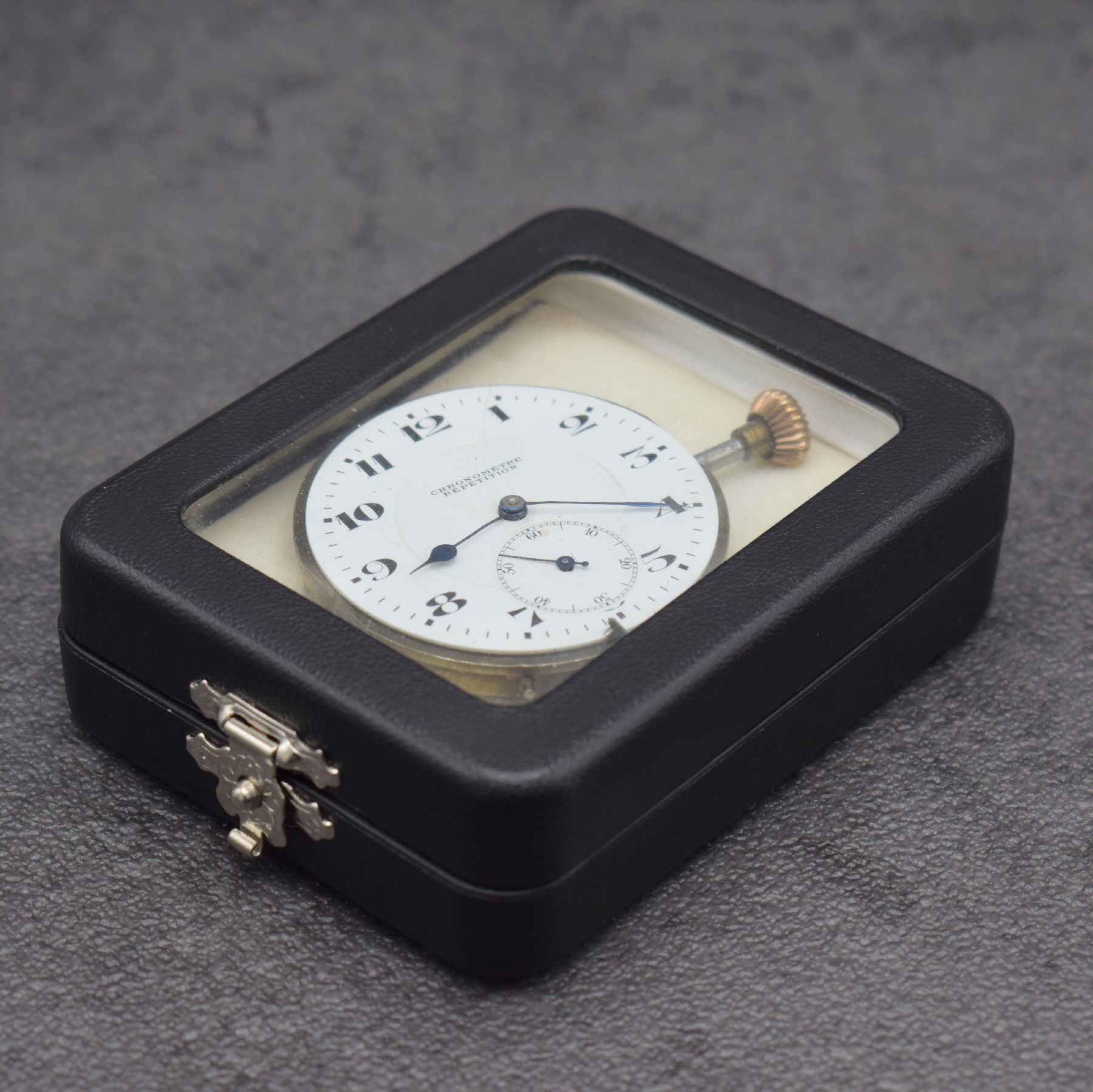 Detail g: Savonette Taschenuhrwerk mit 1/4 Stunden- Repetition bezeichnet CHRONOMETRE REPETITION, Schweiz um 1900, Emailzifferbl. m. arab. Std. riss., gebl. ...