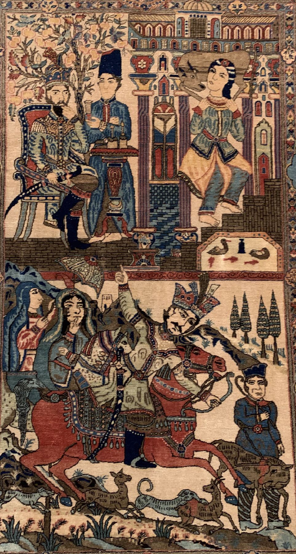 Detail a: Feine Kork Keschan,(Bildteppich), um 1930, Korkwolle geknüpft auf Baumwolle, Seltener Bildteppich aus Keschan, Abbildung der vier bekanntesten ...
