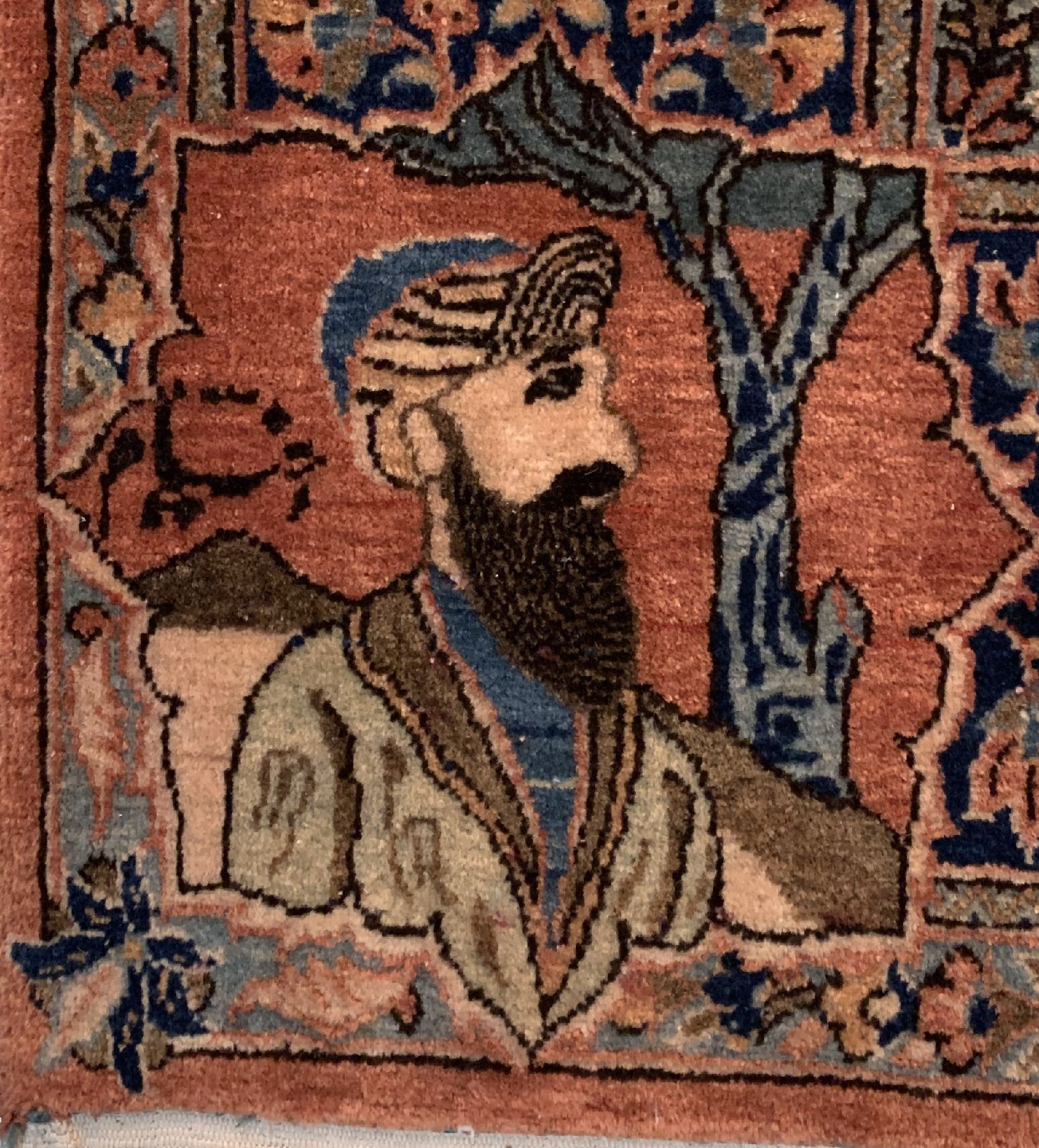 Detail e: Feine Kork Keschan,(Bildteppich), um 1930, Korkwolle geknüpft auf Baumwolle, Seltener Bildteppich aus Keschan, Abbildung der vier bekanntesten ...
