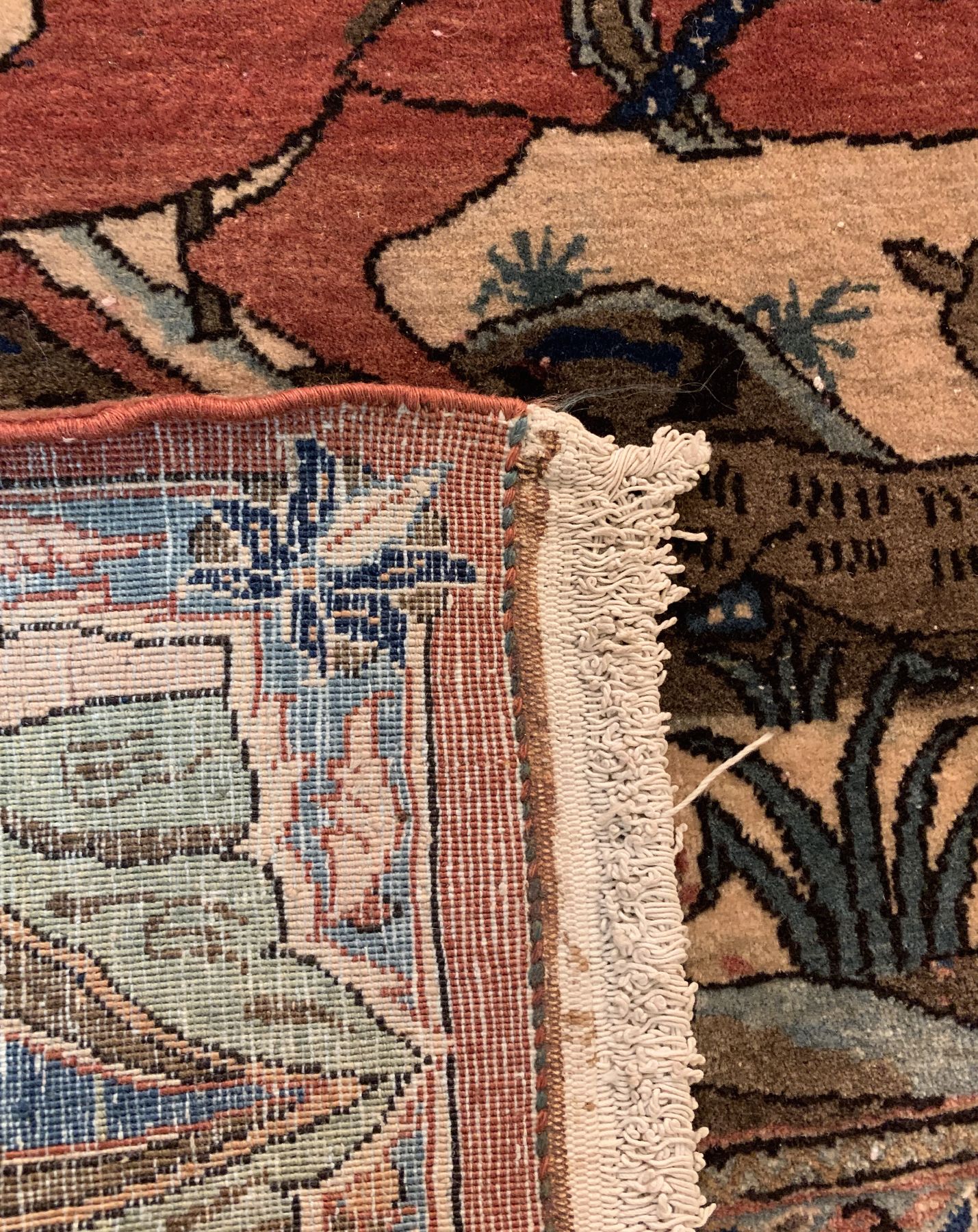 Detail f: Feine Kork Keschan,(Bildteppich), um 1930, Korkwolle geknüpft auf Baumwolle, Seltener Bildteppich aus Keschan, Abbildung der vier bekanntesten ...