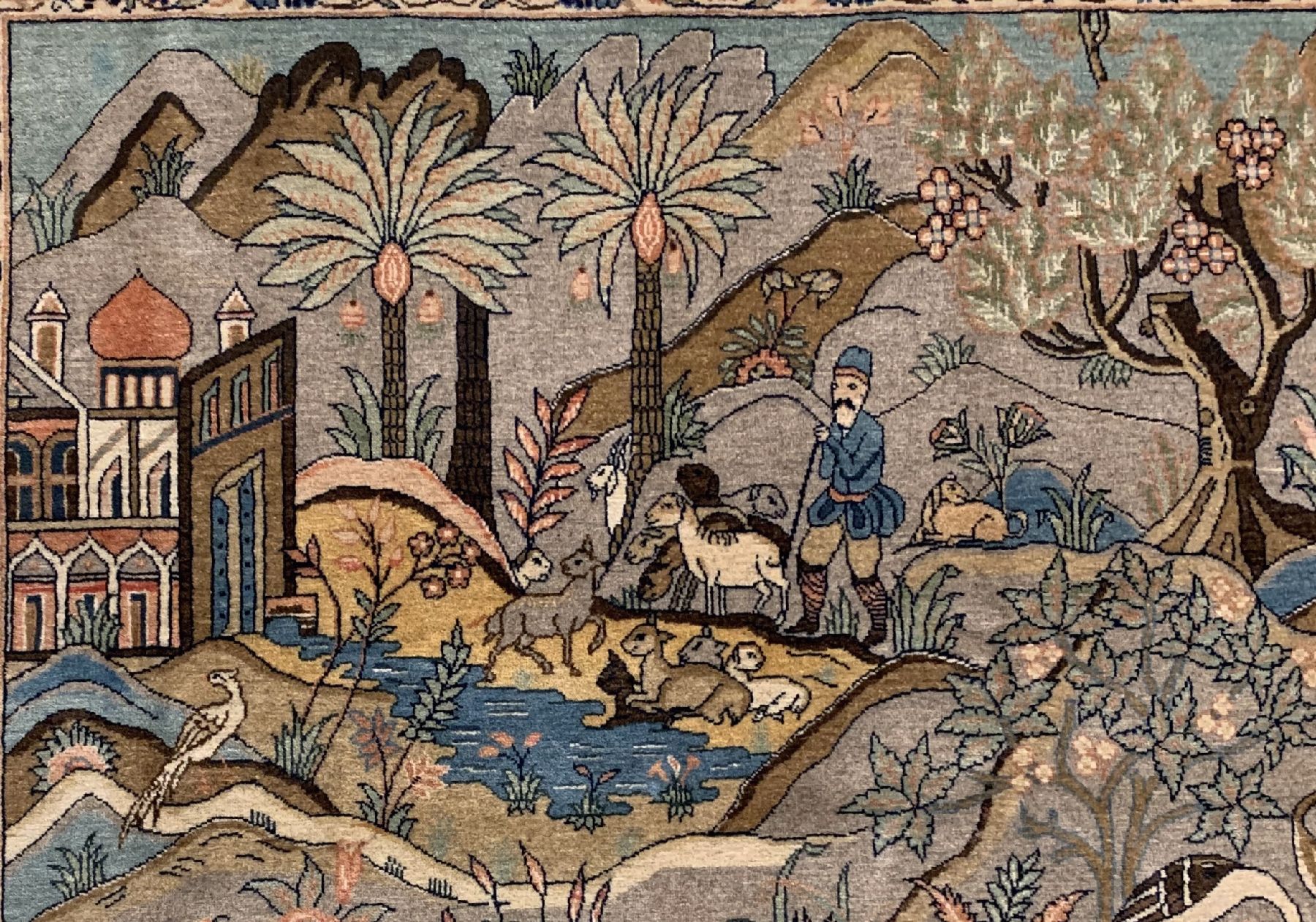Detail a: Seltener feiner Kork Keschan, Zentralpersien, um 1930, Korkwolle geknüpft auf Baumwolle, ausgefallener Bildteppich mit Landschaftsdarstellung und ...