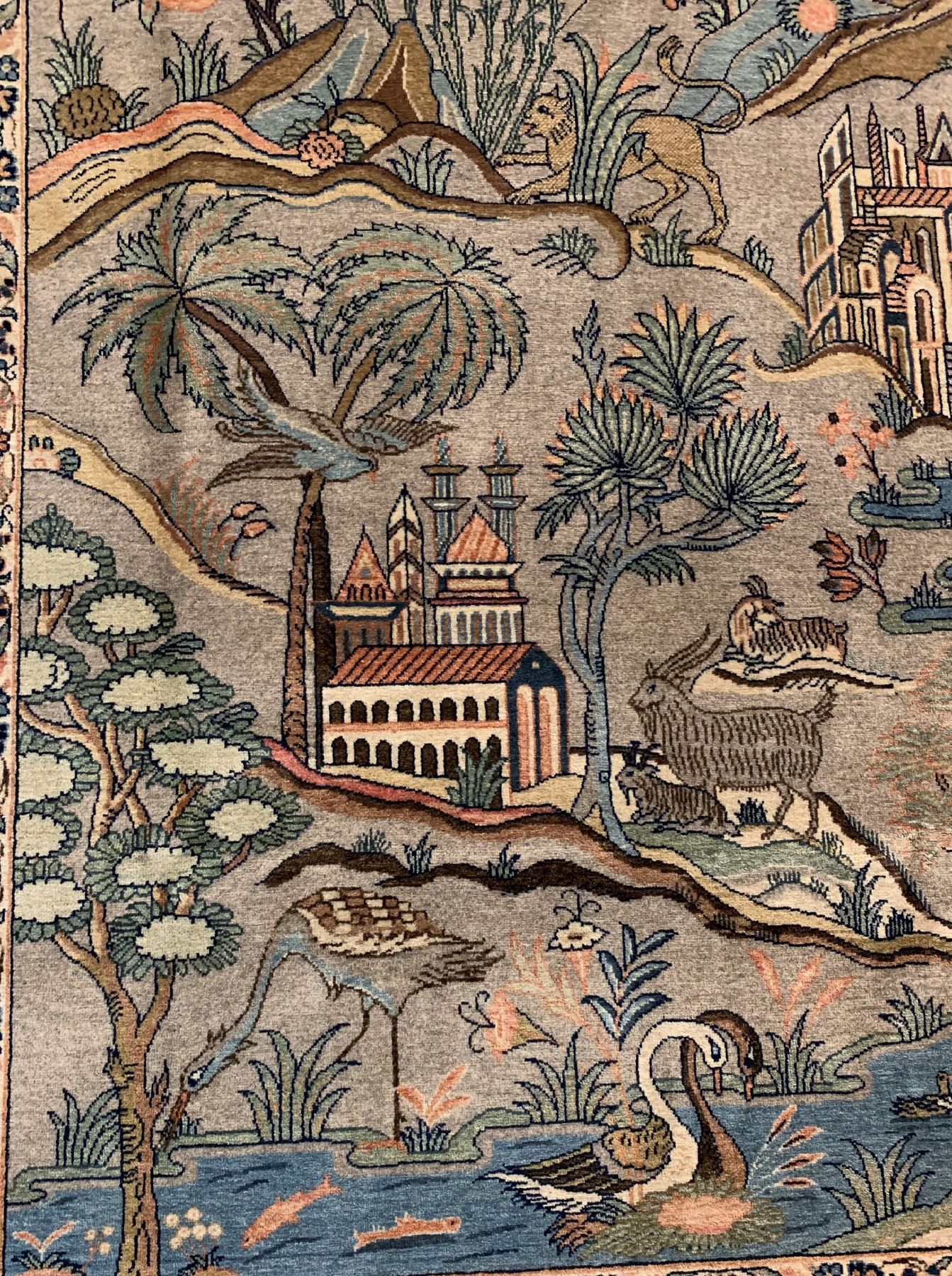 Detail c: Seltener feiner Kork Keschan, Zentralpersien, um 1930, Korkwolle geknüpft auf Baumwolle, ausgefallener Bildteppich mit Landschaftsdarstellung und ...