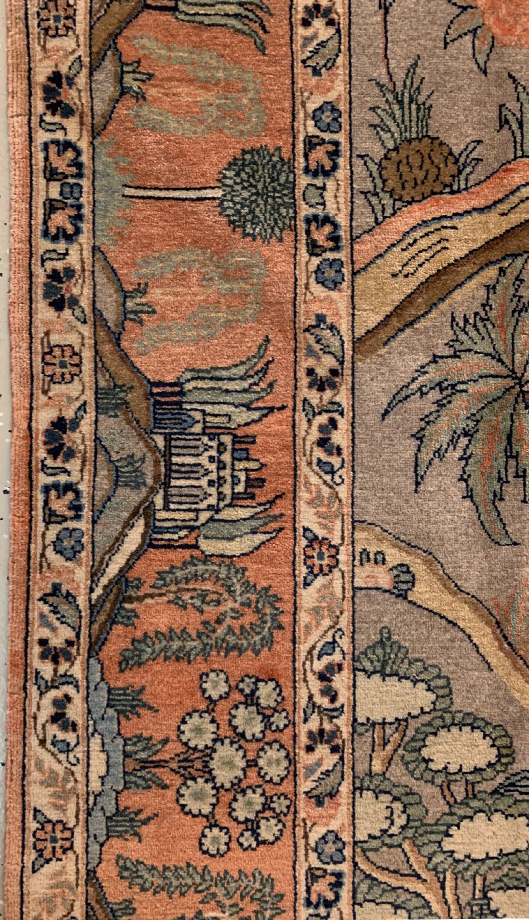 Detail e: Seltener feiner Kork Keschan, Zentralpersien, um 1930, Korkwolle geknüpft auf Baumwolle, ausgefallener Bildteppich mit Landschaftsdarstellung und ...