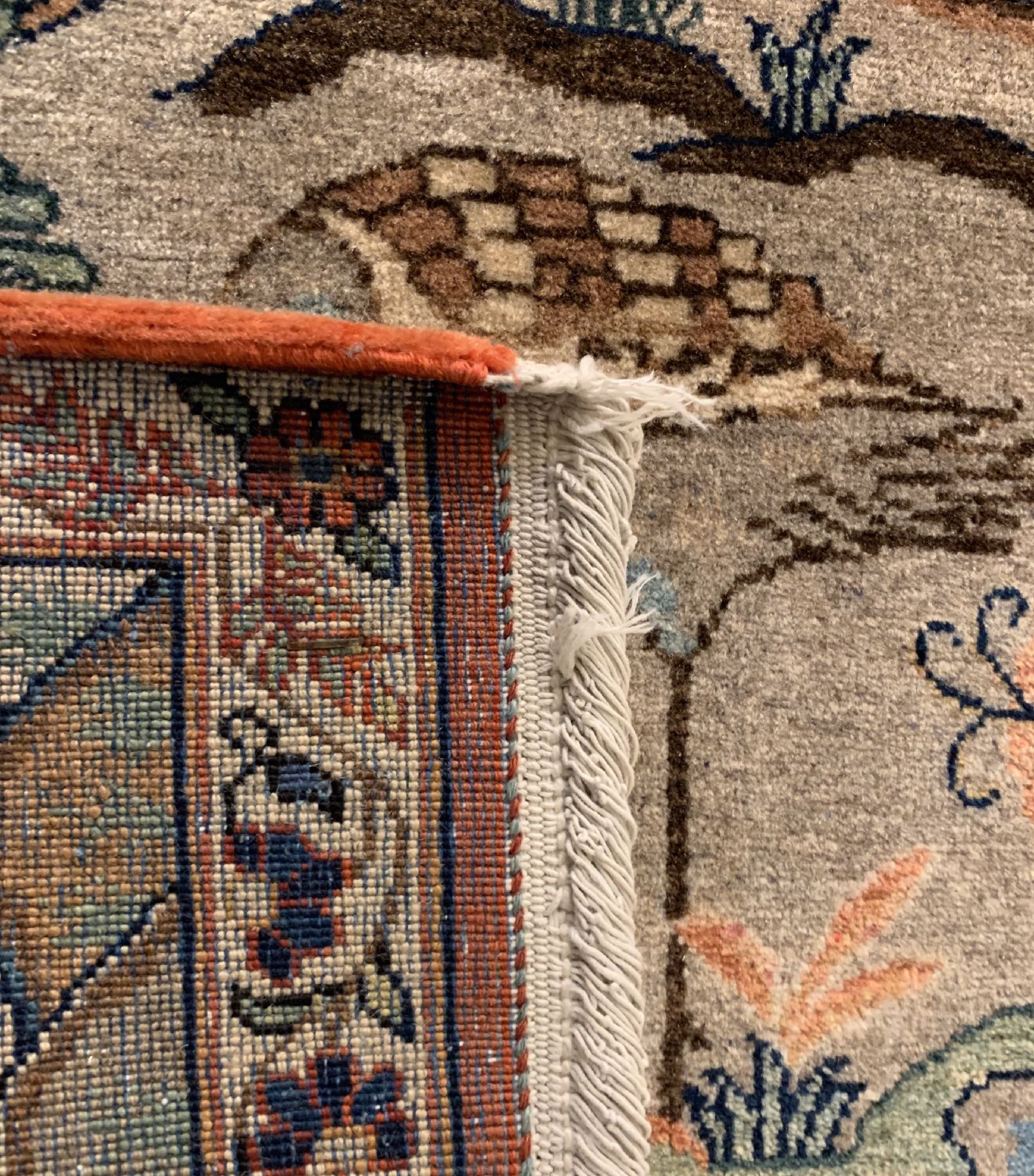 Detail g: Seltener feiner Kork Keschan, Zentralpersien, um 1930, Korkwolle geknüpft auf Baumwolle, ausgefallener Bildteppich mit Landschaftsdarstellung und ...