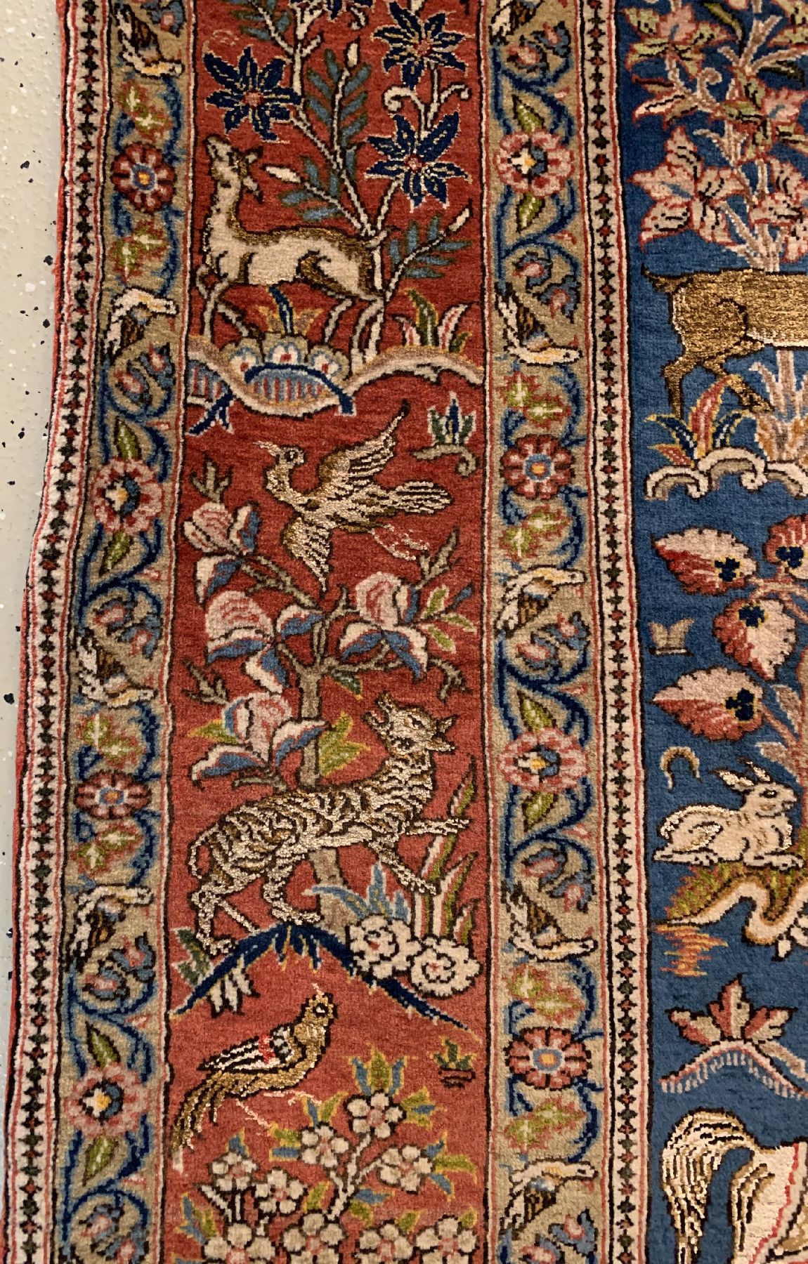 Detail f: Feiner Ghom Kork, Persien, um1940/50, Korkwolle mit Seide geknüpft auf Baumwolle, ausgefallener Jagdteppich mit seltener Farbgebung, ca.214 x 154 ...