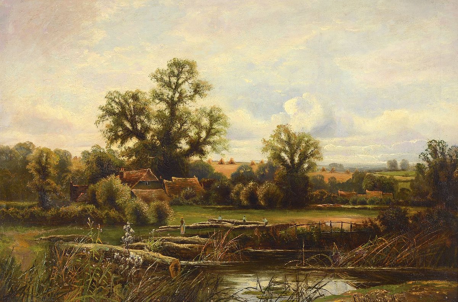 Ernest Walbourne, 1872 Inglaterra - 1927, Mühlenlandschaft mit Landarbeitern, Öl/ Lwd, re. und signiert, ca. 50 x 76 cm, Holzrahmen l. best., ca. ...