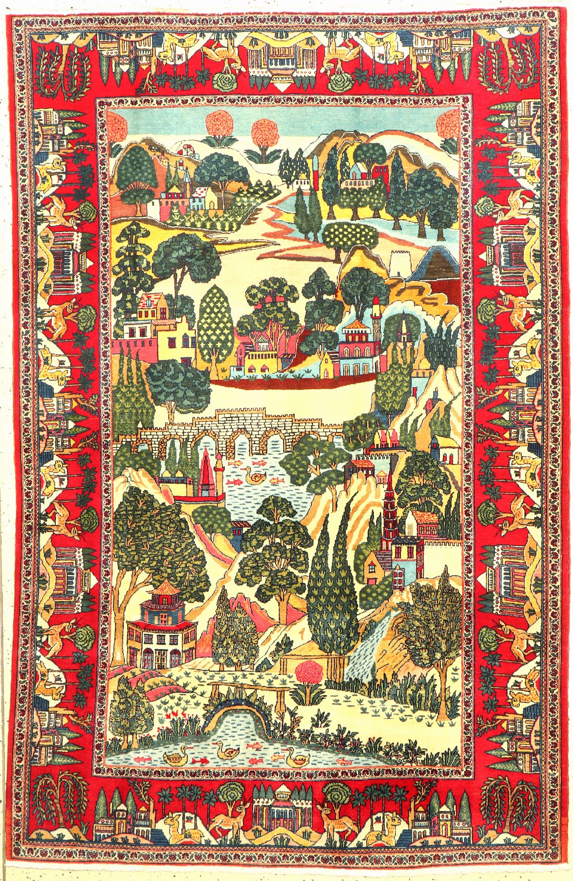 Keschan Kork fein,(Bildteppich), Persien, um 1940, Korkwolle geknüpft auf Baumwolle, feiner Keschan mit Landschaftsmotiv, ca. 210 x 130 cm, ...