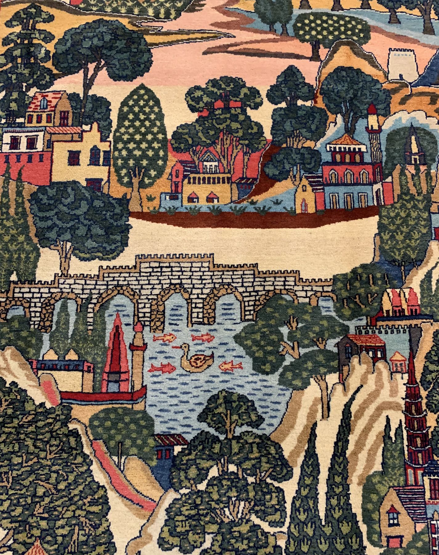 Detail a: Keschan Kork fein,(Bildteppich), Persien, um 1940, Korkwolle geknüpft auf Baumwolle, feiner Keschan mit Landschaftsmotiv, ca. 210 x 130 cm, ...