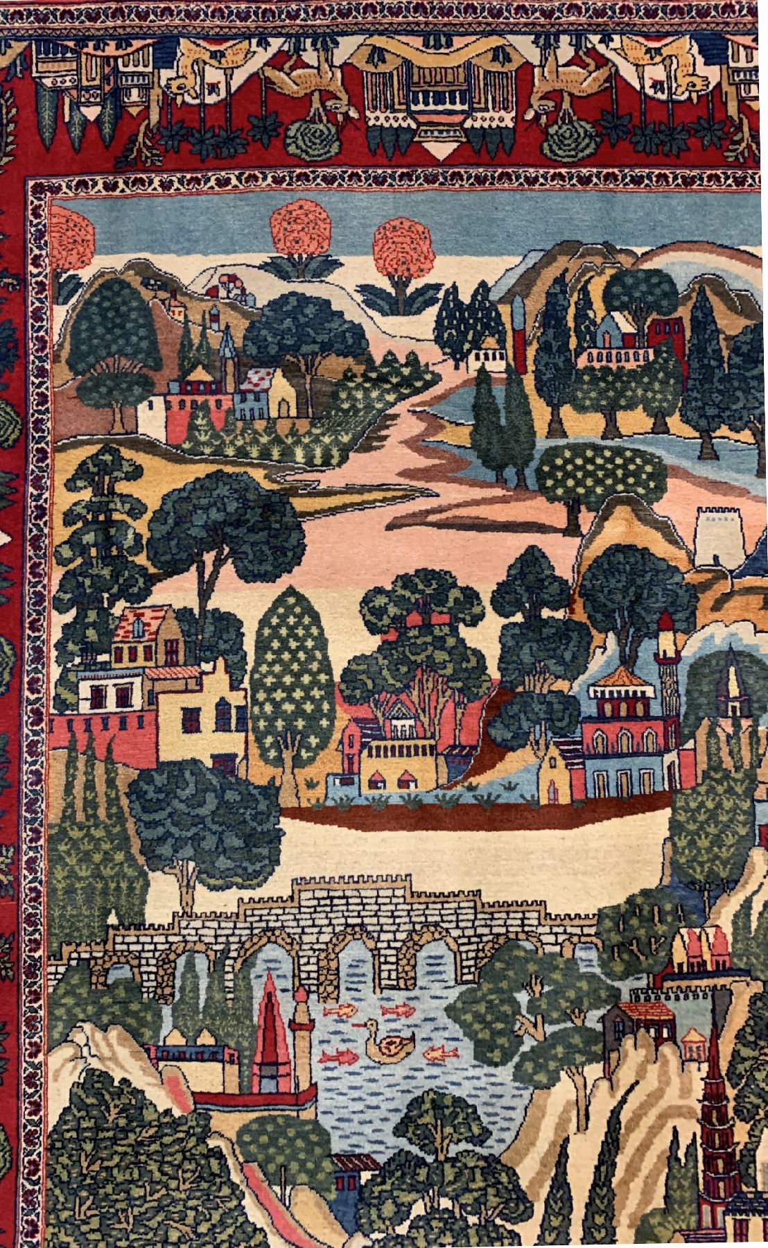 Detail b: Keschan Kork fein,(Bildteppich), Persien, um 1940, Korkwolle geknüpft auf Baumwolle, feiner Keschan mit Landschaftsmotiv, ca. 210 x 130 cm, ...