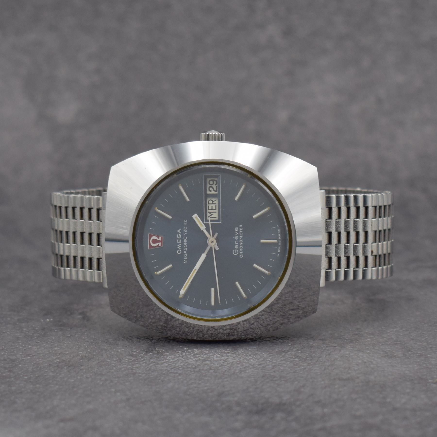 OMEGA Chronometer Megasonic 720 Hz sehr seltene Herrenarmbanduhr in Stahl / Hartmetall, Schweiz um 1973, Stimmgabelschwinger, Ref. 198.0055, massives ...