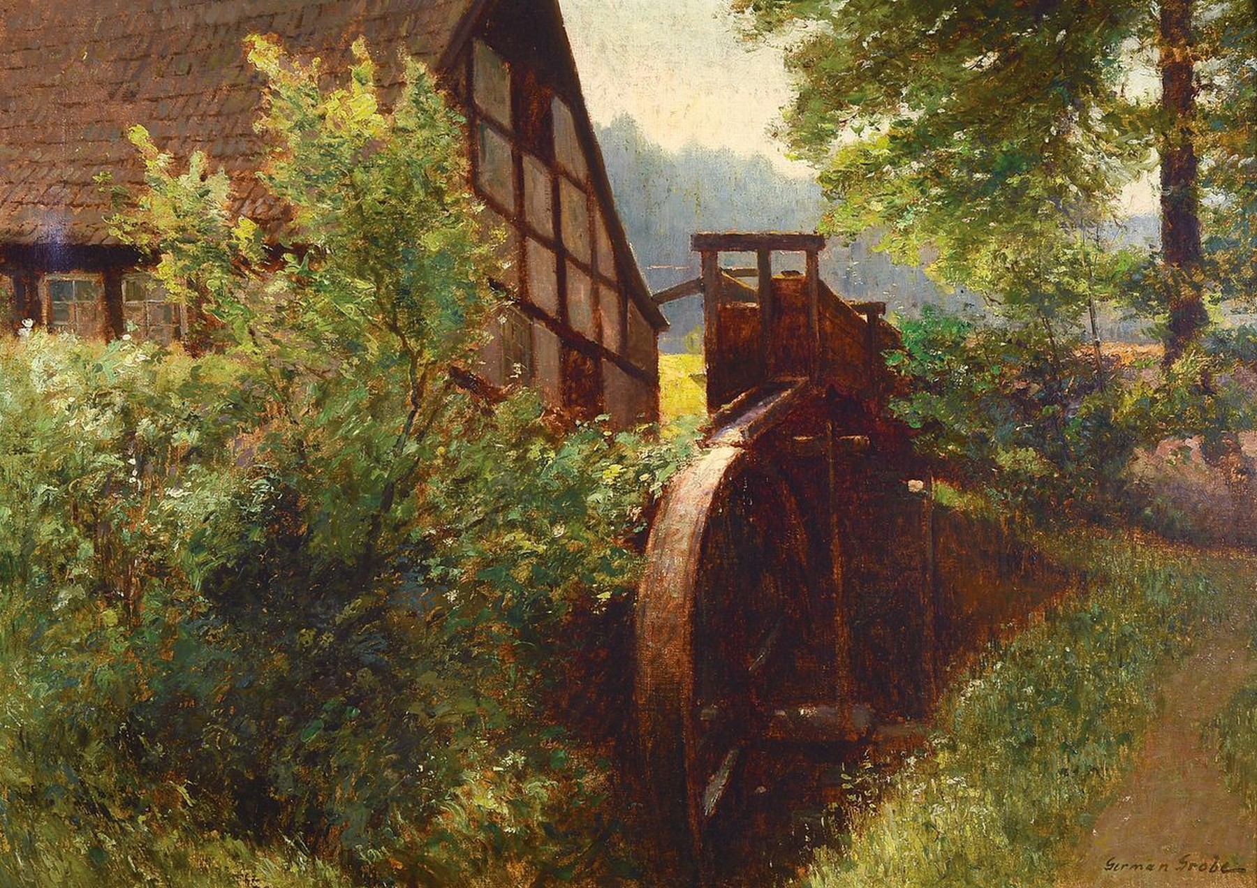 German Grobe, 1857 Hanau - 1938 Düsseldorf, Studium in Frankfurt und Düsseldorf, mehrfach Besuch Künstlerkolonie Ekensund, hier: Wassermühle in ...