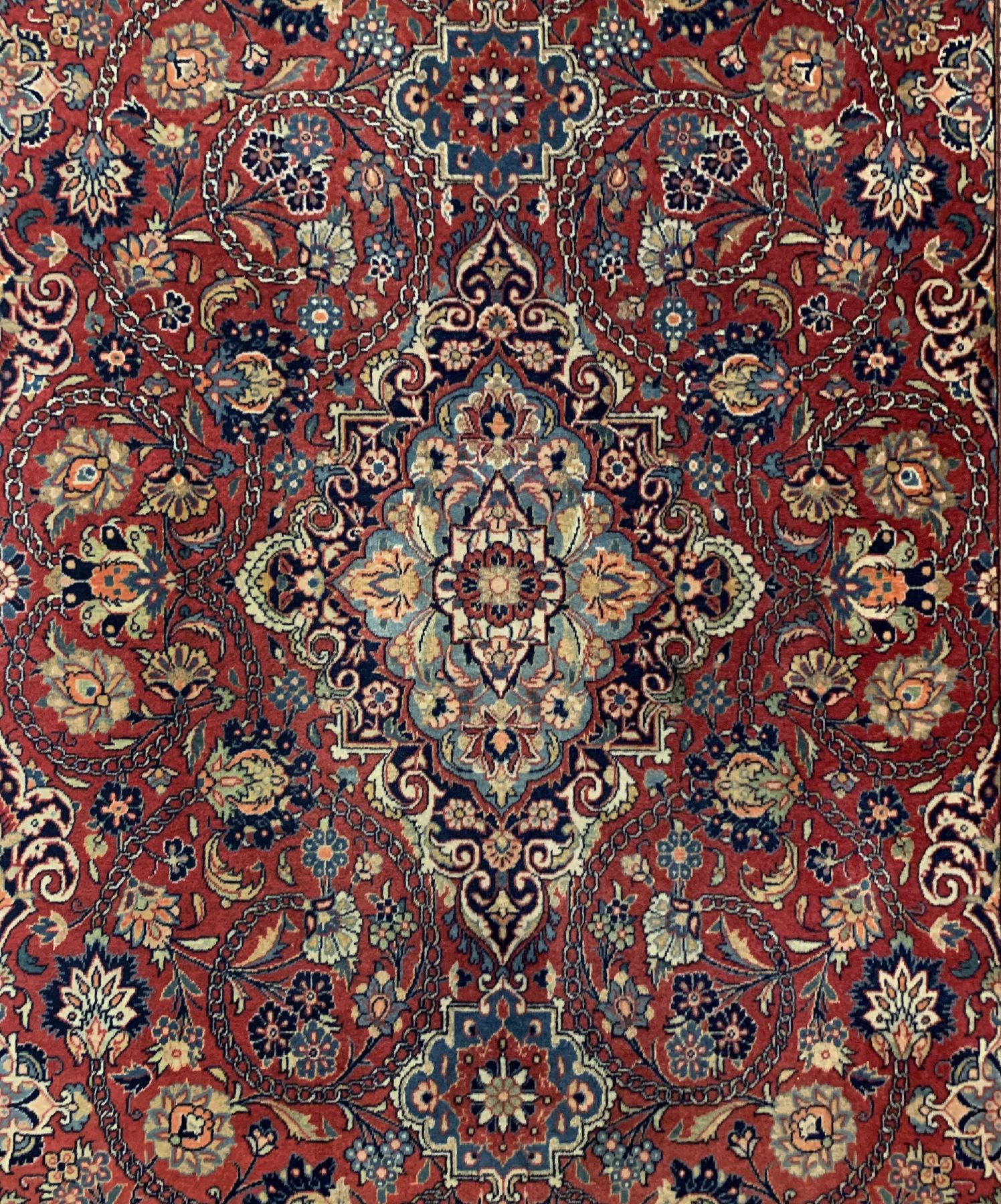 Detail a: Feiner Kork Keschan, Zentralpersien, um 1930, Korkwolle geknüpft auf Baumwolle, seltener Keschan mit Shirdal(Greif) Darstellung in den Ecknischen, ...