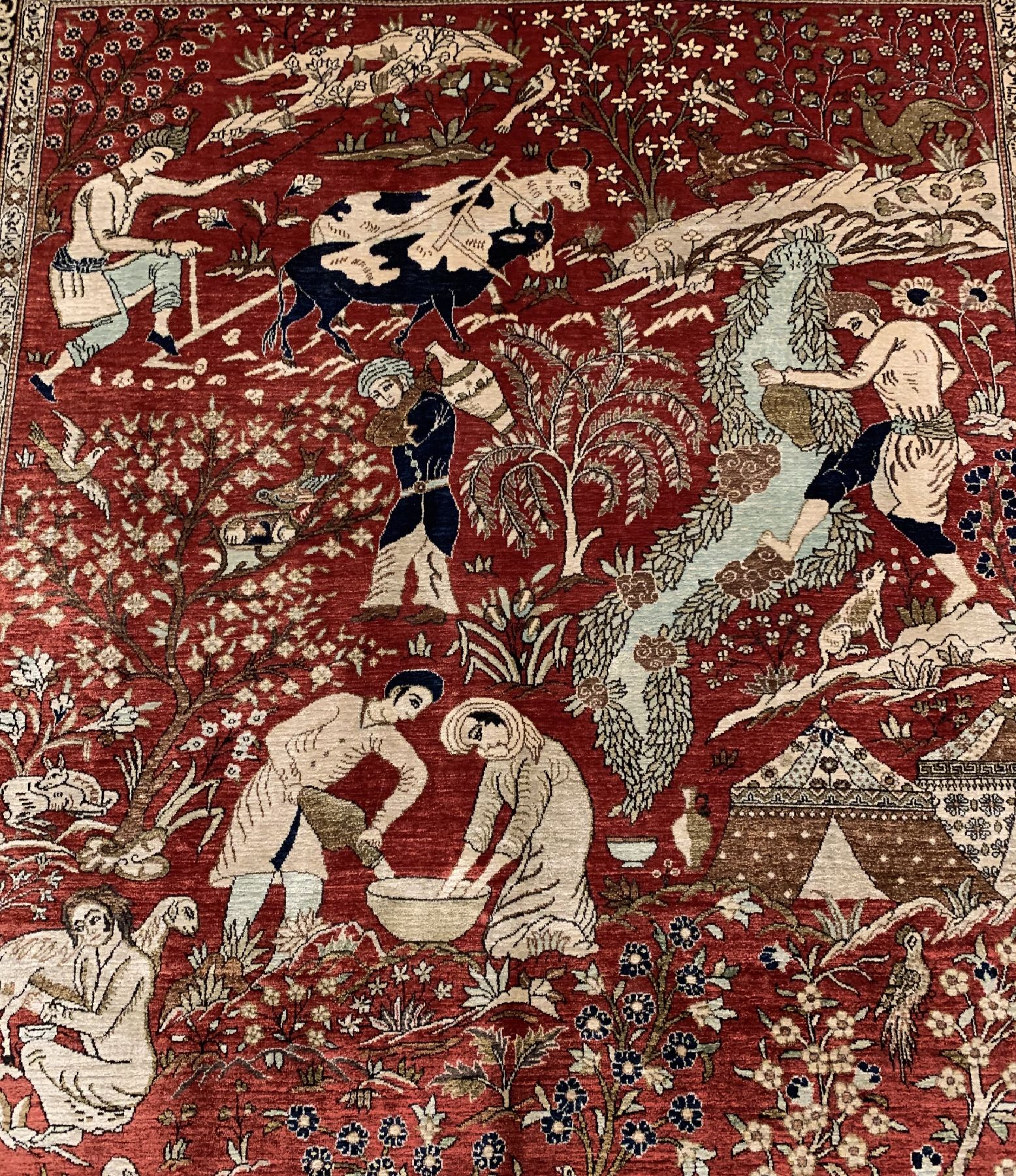 Detail a: Feiner Seiden Ghom, Persien, um 1940/1950 reine Naturseide, seltener Ghom mit Darstellung von Nomadenleben und eines der bekanntesten Gedichte von ...