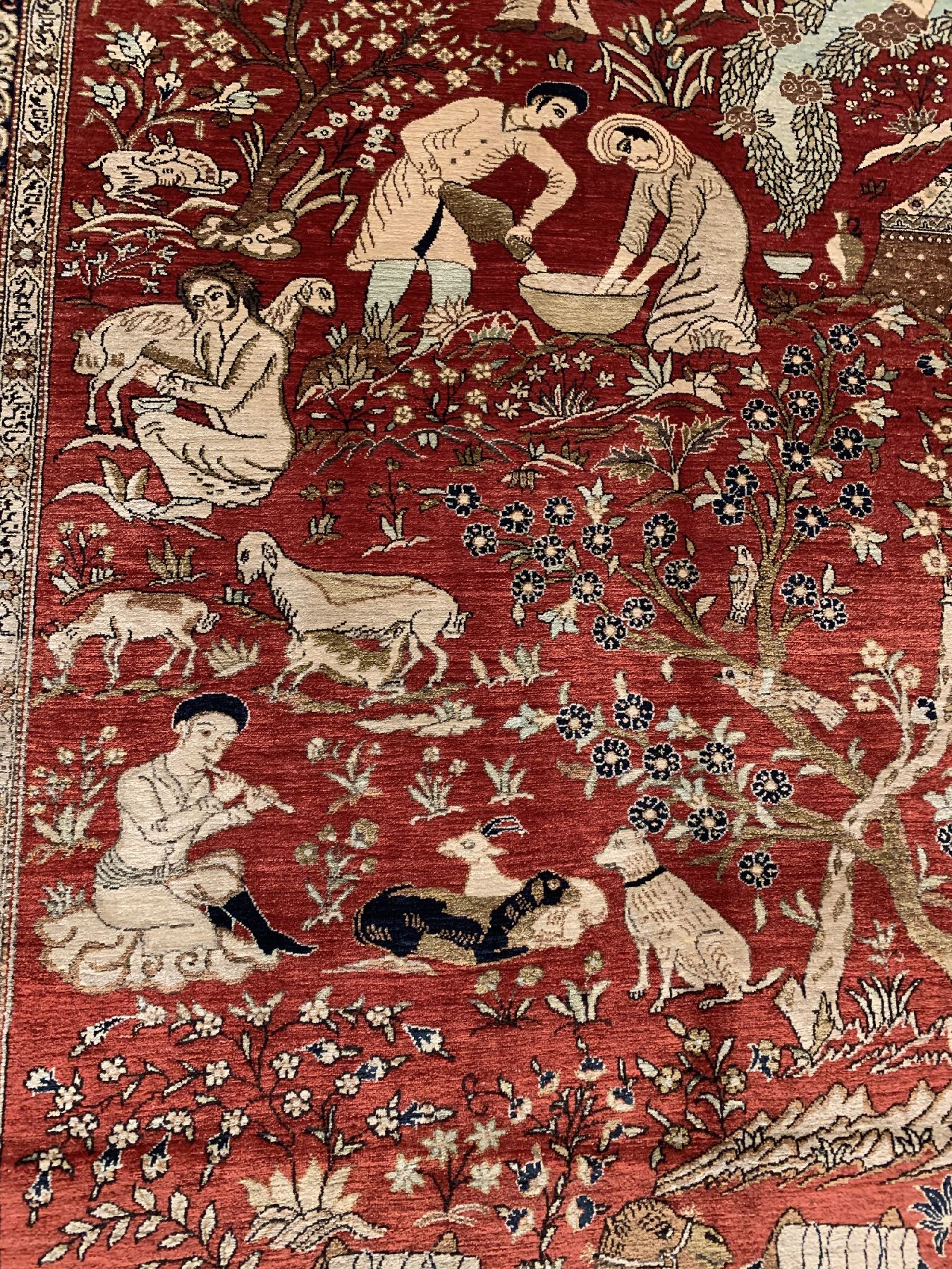 Detail b: Feiner Seiden Ghom, Persien, um 1940/1950 reine Naturseide, seltener Ghom mit Darstellung von Nomadenleben und eines der bekanntesten Gedichte von ...