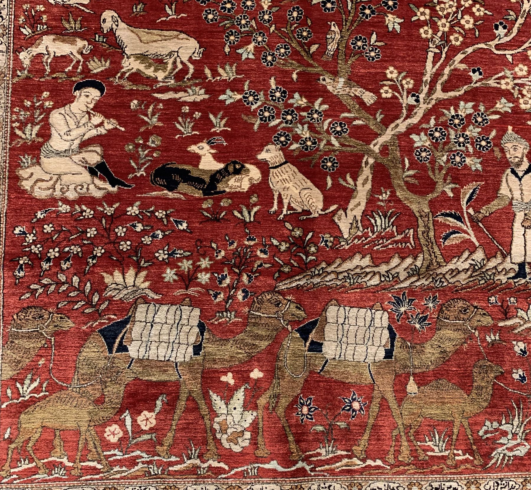 Detail c: Feiner Seiden Ghom, Persien, um 1940/1950 reine Naturseide, seltener Ghom mit Darstellung von Nomadenleben und eines der bekanntesten Gedichte von ...
