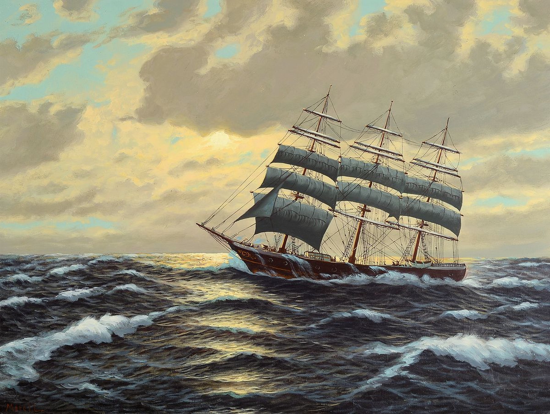 Unbekannter Maler, Mitte 20. Jh., Dreimaster in voller Takelage auf ruhiger See, Öl/Lwd, links unten signiert Meroll o.ä., ca. 60x80cm, R. ca. ...